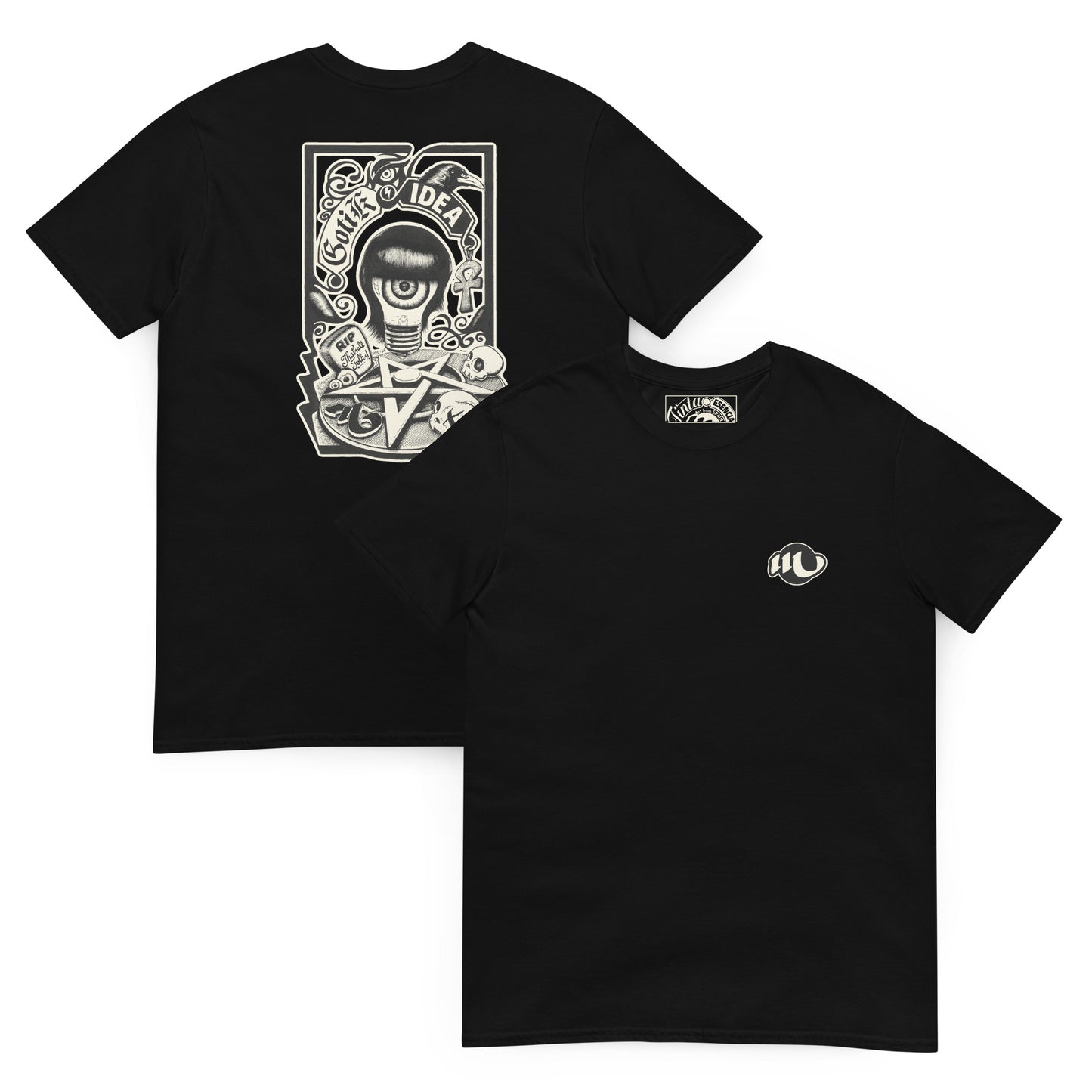 camiseta por delante y por detrás color negro con ilustración a la espalda de bombilla gótica con cuervo y símbolos oscuros y la frase gotik idea