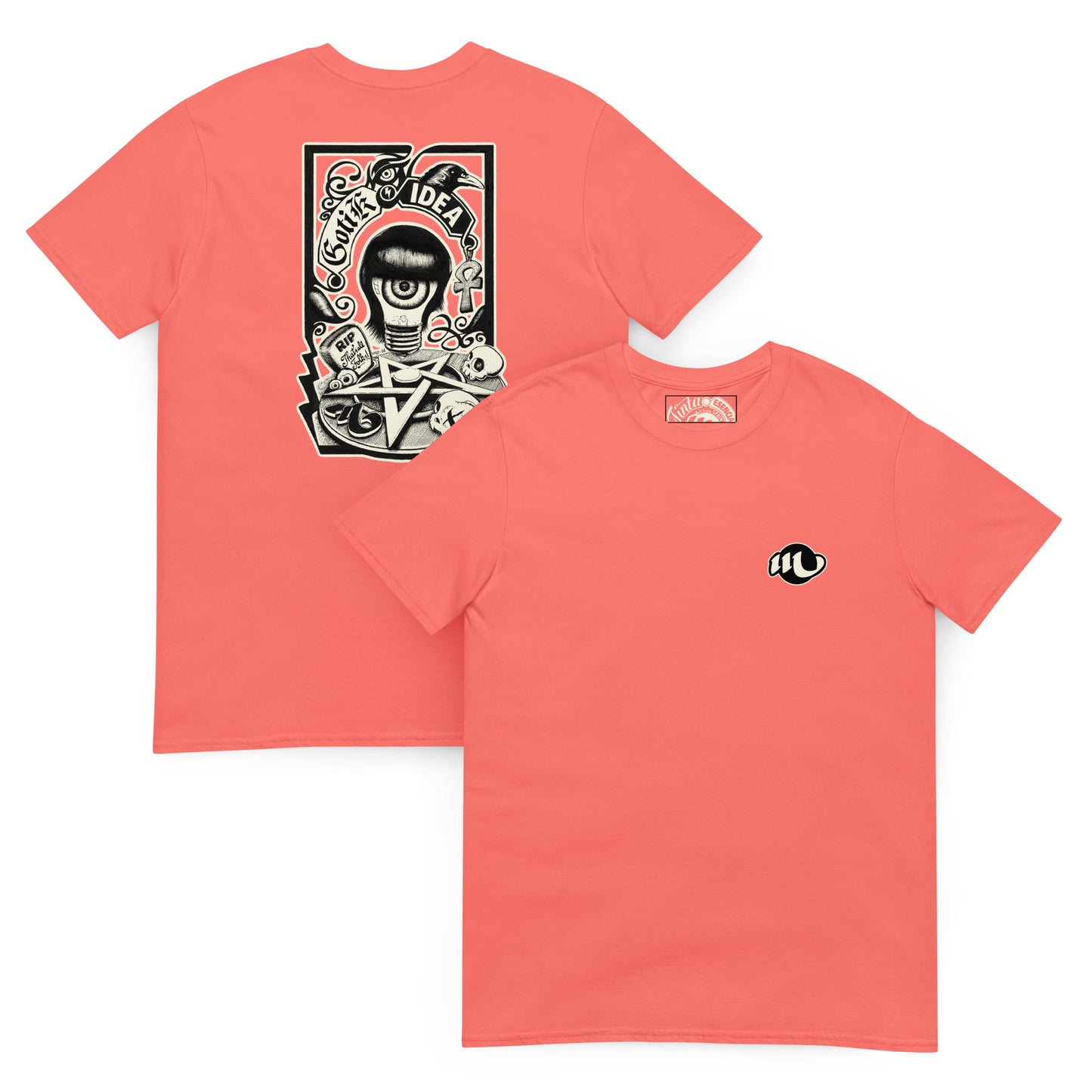 camiseta vista por los dos lados color coral con ilustración de bombilla gótica con cuervo y símbolos oscuros y la frase gotik idea