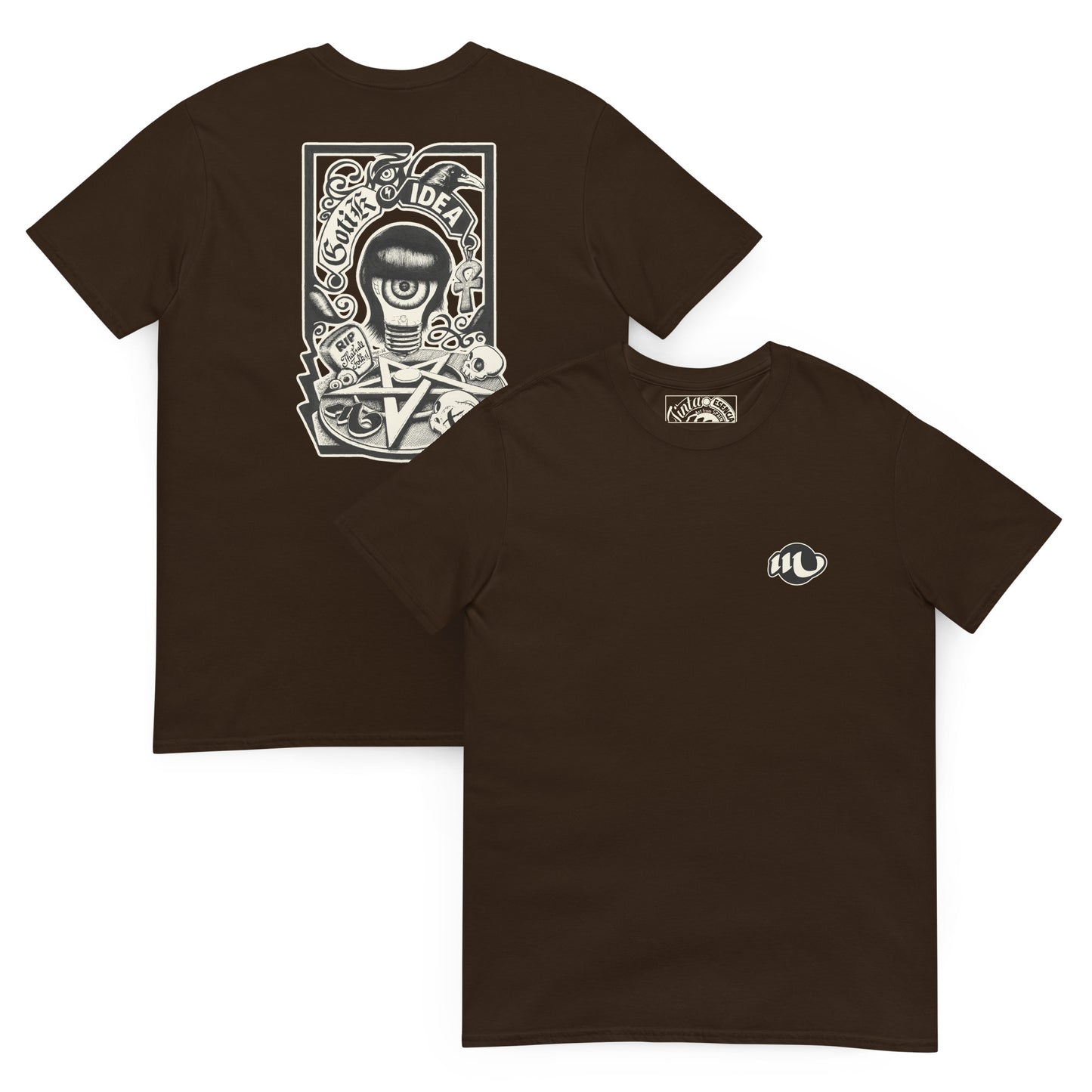 camiseta por delante y por detrás color marrón con ilustración a la espalda de bombilla gótica con cuervo y símbolos oscuros y la frase gotik idea