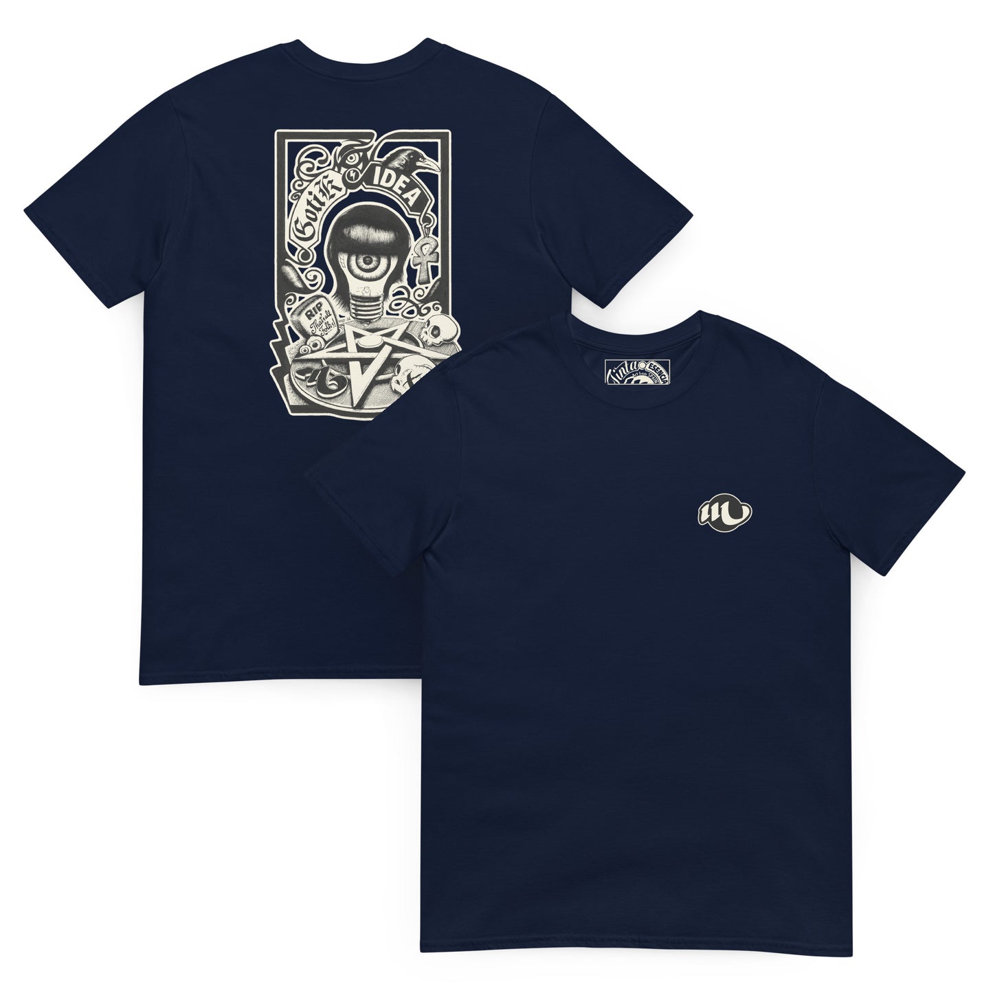 camiseta por delante y por detrás color azul marino con ilustración a la espalda de bombilla gótica con cuervo y símbolos oscuros y la frase gotik idea