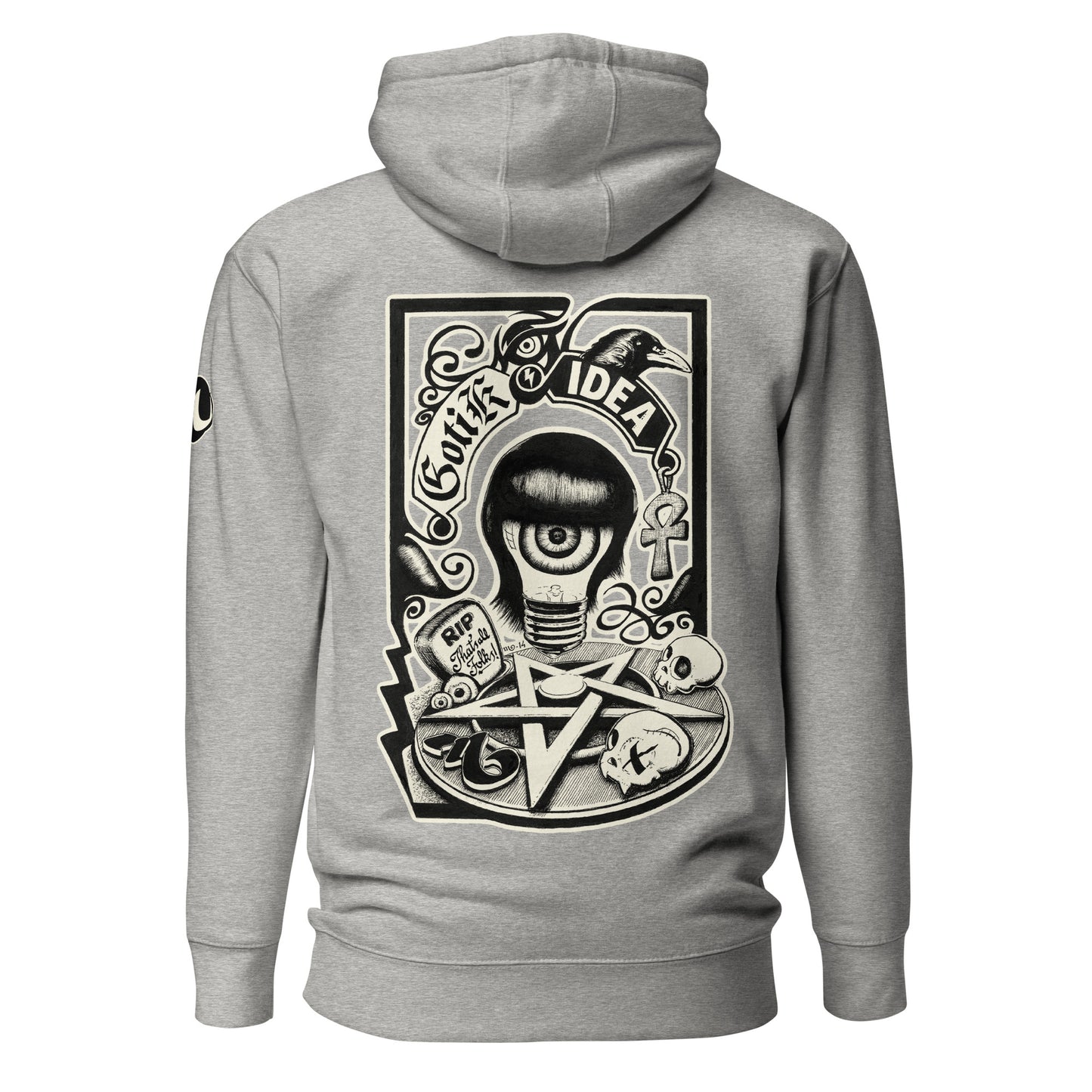 sudadera con capucha color gris con ilustración a la espalda de bombilla gótica con cuervo y símbolos oscuros y la frase gotik idea