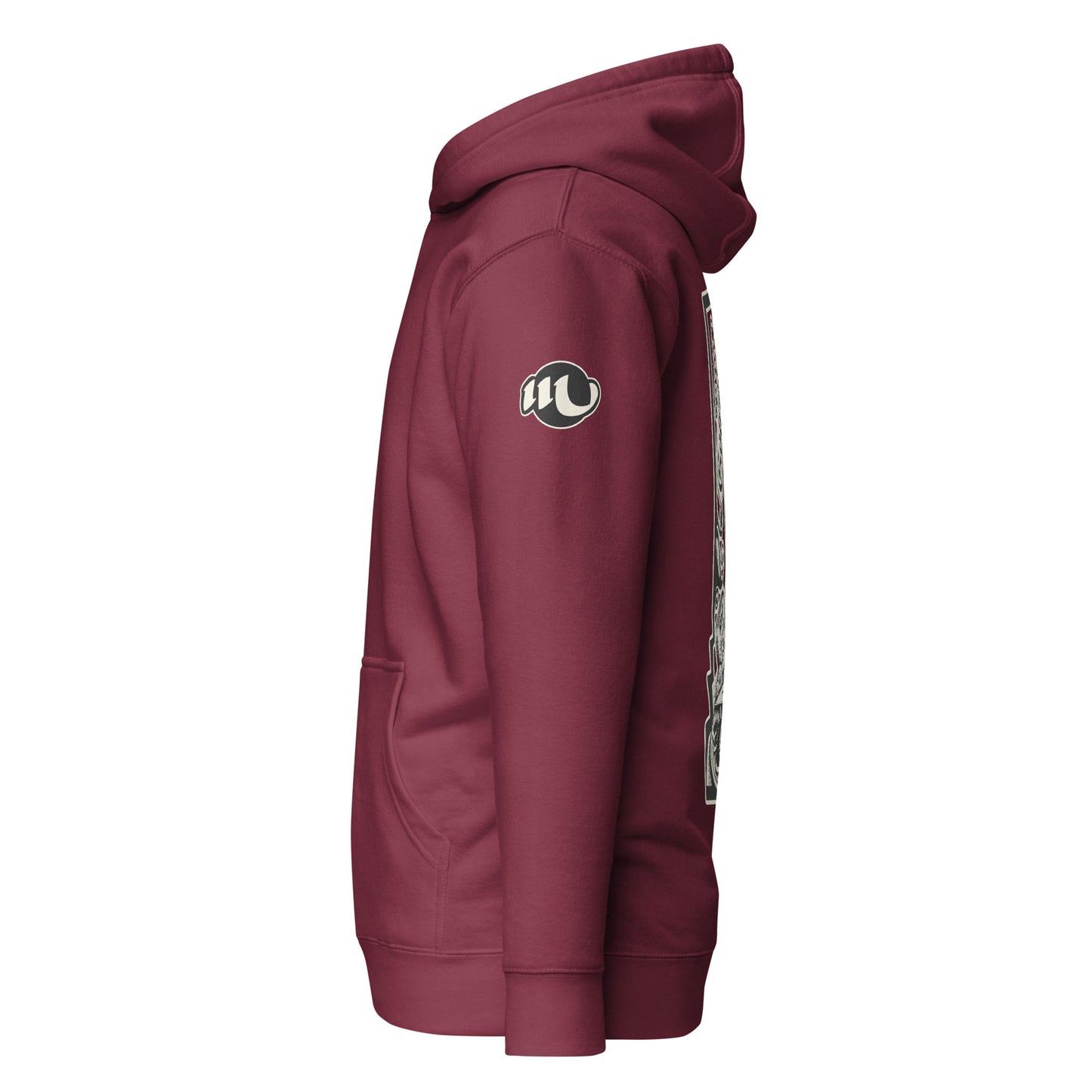 sudadera con capucha color granate vista de lado con logo de tinta esencia estampado en el brazo