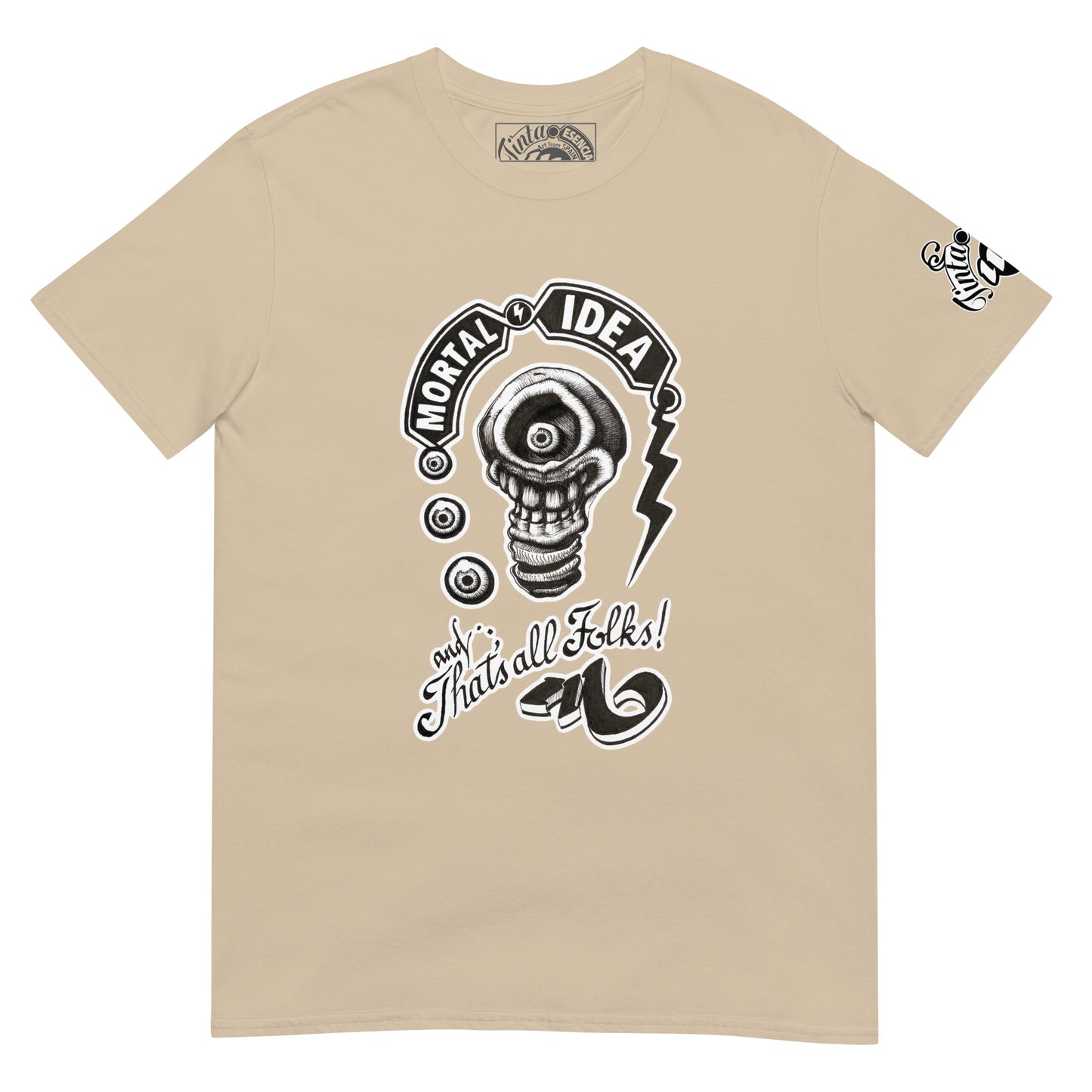 Ilustración de bombilla calavera con estética oscura en camiseta crema. Texto that's all folks en caligrafía antigua.