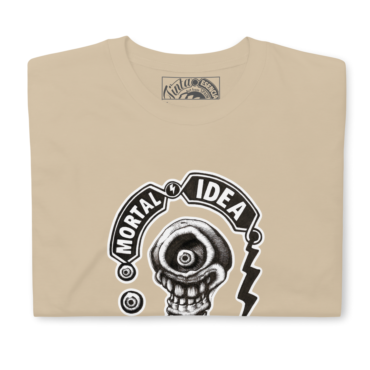 Ilustración de bombilla calavera con estética oscura en camiseta crema. Texto that's all folks en caligrafía antigua.