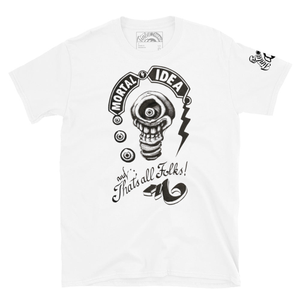 Ilustración de bombilla calavera con estética oscura en camiseta blanca. Texto that's all folks en caligrafía antigua.
