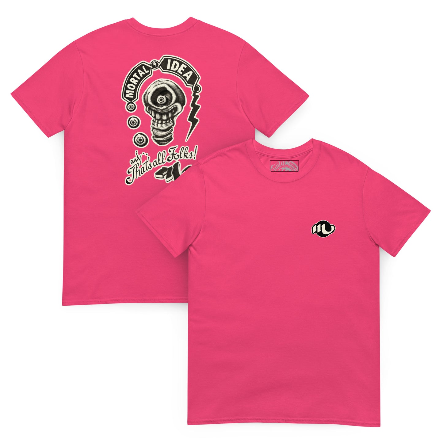 camiseta por delante y por detrás color rosa heliconia con ilustración a la espalda de una calavera con forma de bombilla denominada mortal idea en la espalda y la frase that's all folks