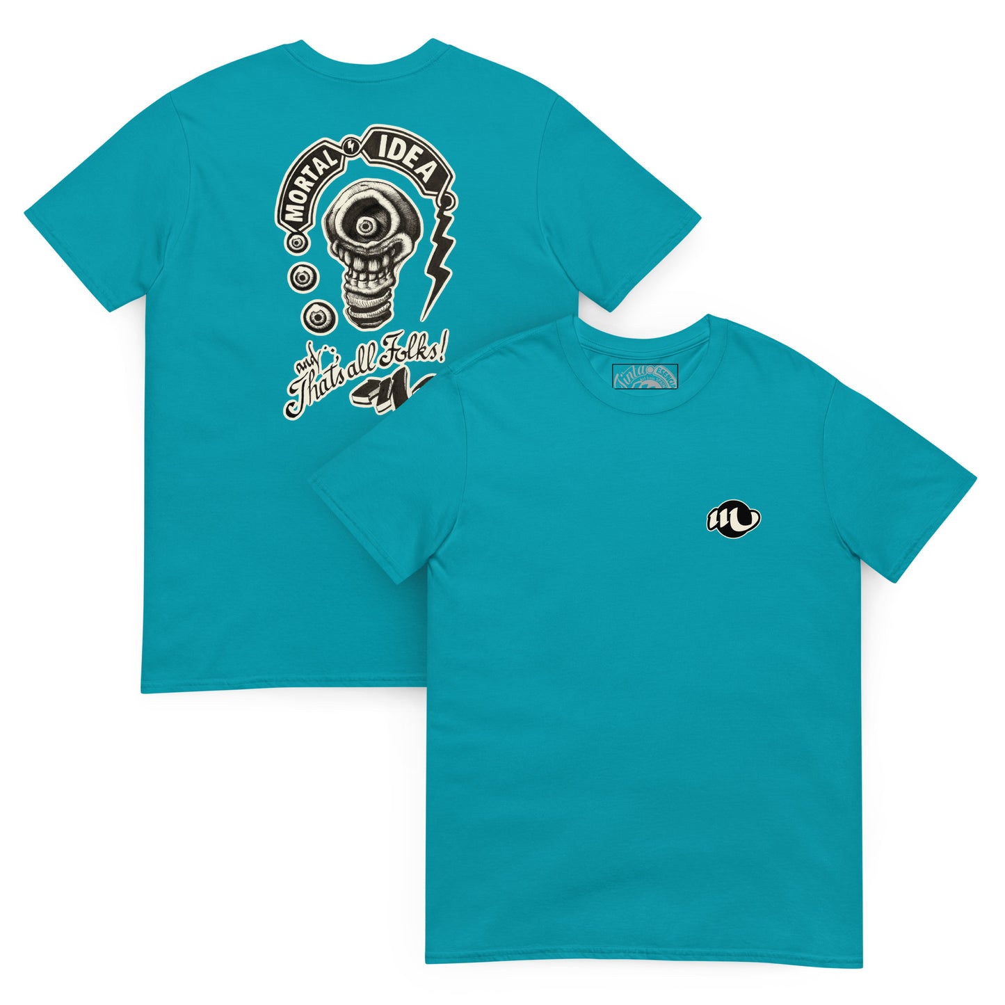 camiseta por delante y por detrás color azul tropical con ilustración a la espalda de una calavera con forma de bombilla denominada mortal idea en la espalda y la frase that's all folks