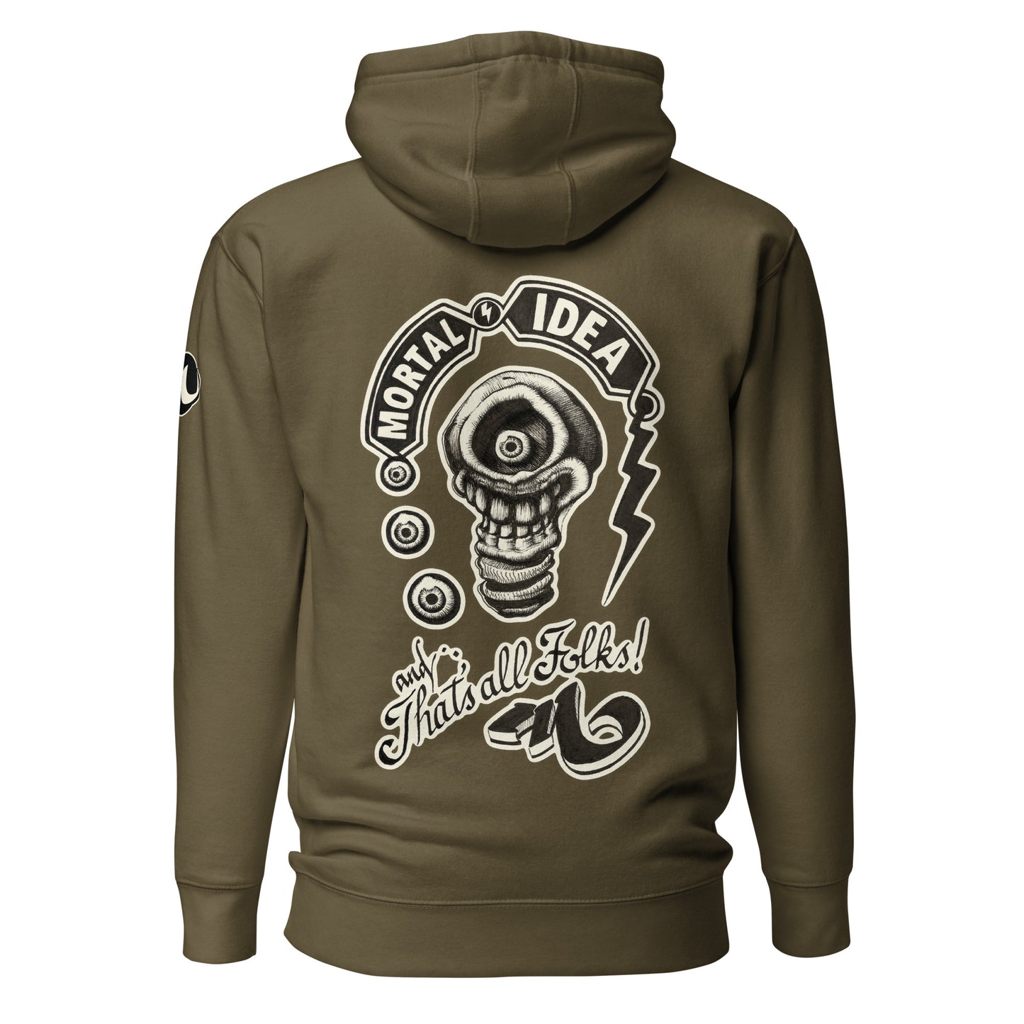 Sudadera con capucha verde oliva con ilustración de una calavera con forma de bombilla denominada mortal idea en la espalda y la frase that's all folks