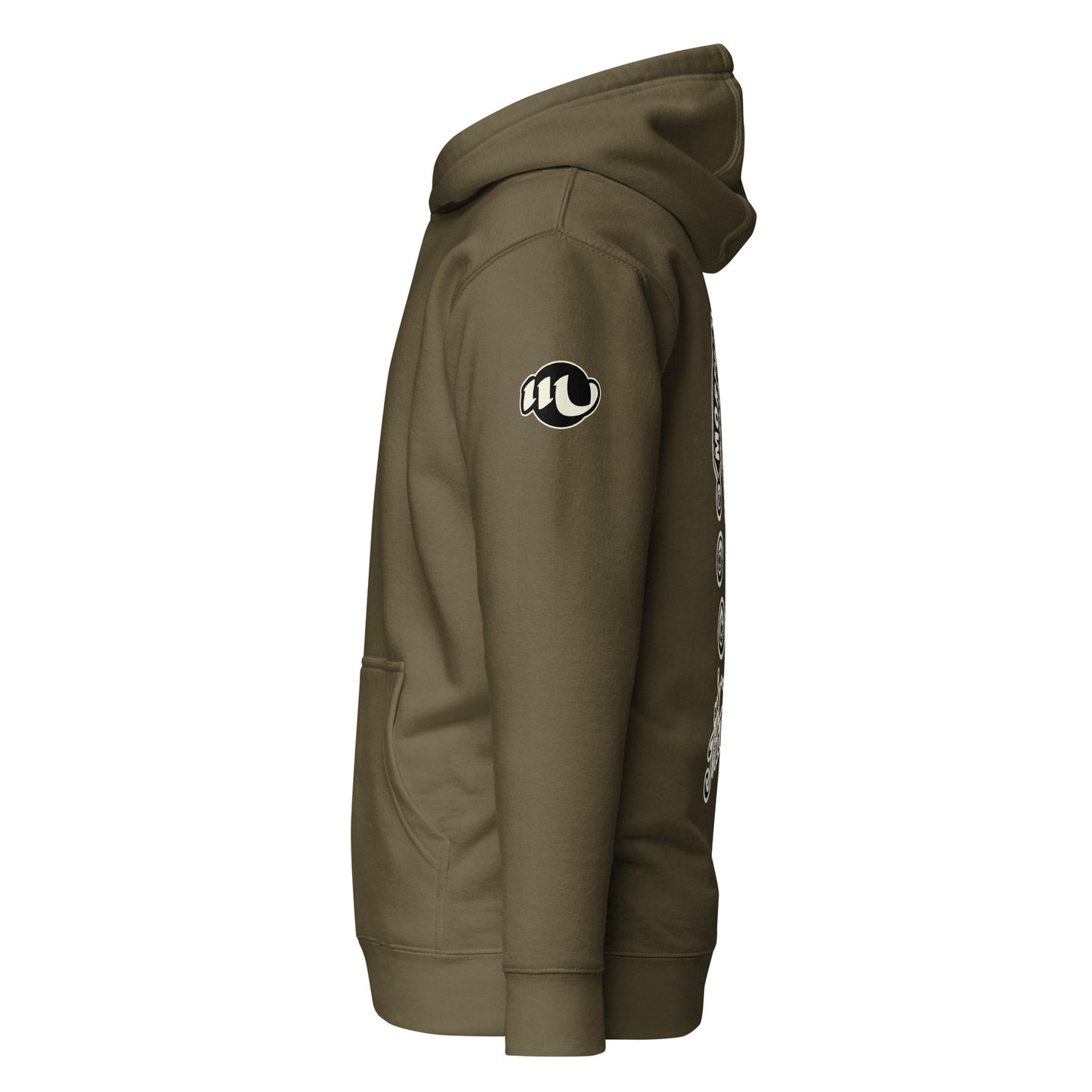 Sudadera con capucha verde oliva vista de lado y con el logo de tintaesencia.com