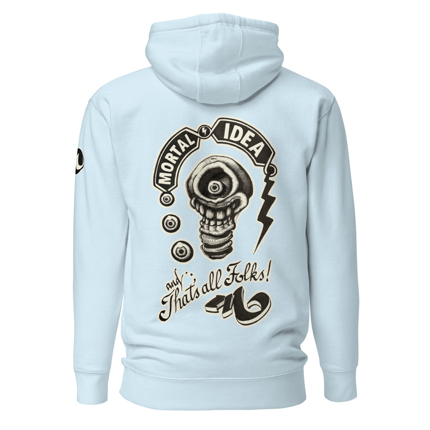 Sudadera con capucha azul celeste con ilustración de una calavera con forma de bombilla denominada mortal idea en la espalda y la frase that's all folks