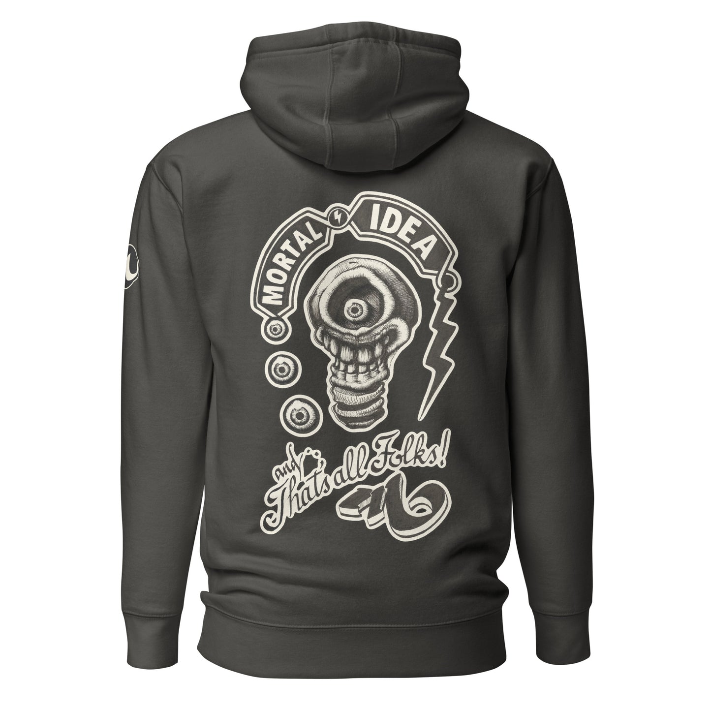 Sudadera con capucha negra con ilustración de una calavera con forma de bombilla denominada mortal idea en la espalda y la frase that's all folks