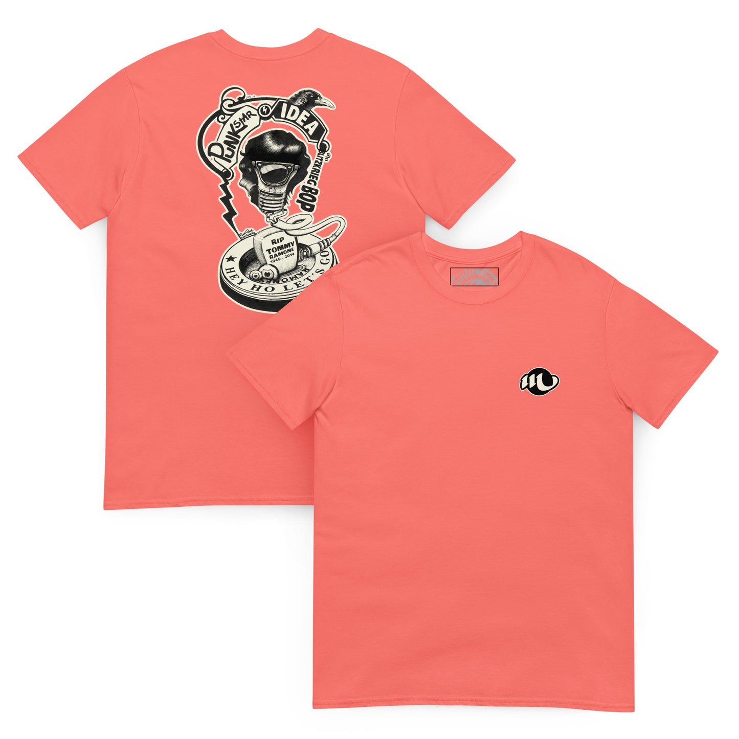 camiseta color coral de frente y de espalda con ilustración de bombilla Tommy Ramone cuervo y las letras punk star idea y hey ho let's go en la espalda