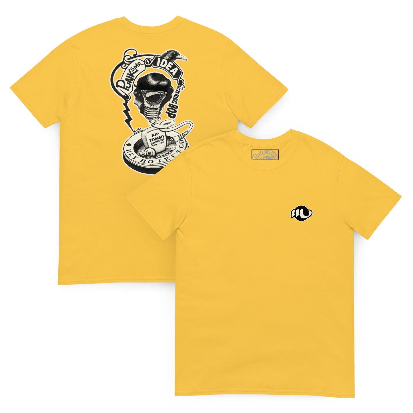 camiseta color amarillo margarita de frente y de espalda con ilustración de bombilla Tommy Ramone cuervo y las letras punk star idea y hey ho let's go en la espalda