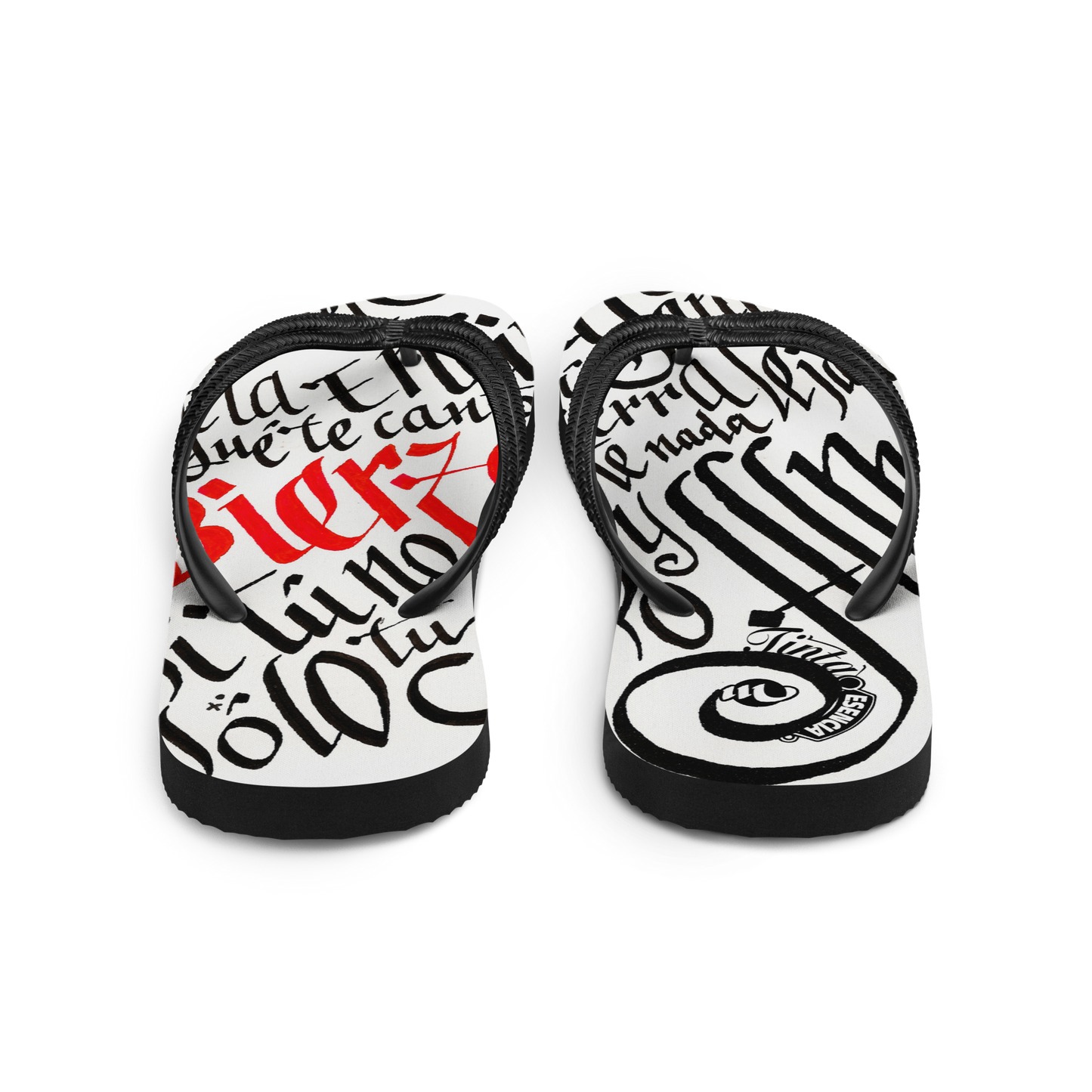 Letra de la canción de Miguel Guerrero : Bierzo tierra lejana. letras caligráficas, negras y palabra Bierzo en rojo, ilustradas en sandalias Flip flop blancas con tiras de color negro.