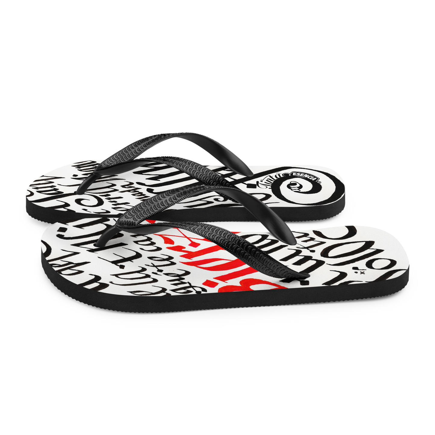 Letra de la canción de Miguel Guerrero : Bierzo tierra lejana. letras caligráficas, negras y palabra Bierzo en rojo, ilustradas en sandalias Flip flop blancas con tiras de color negro.