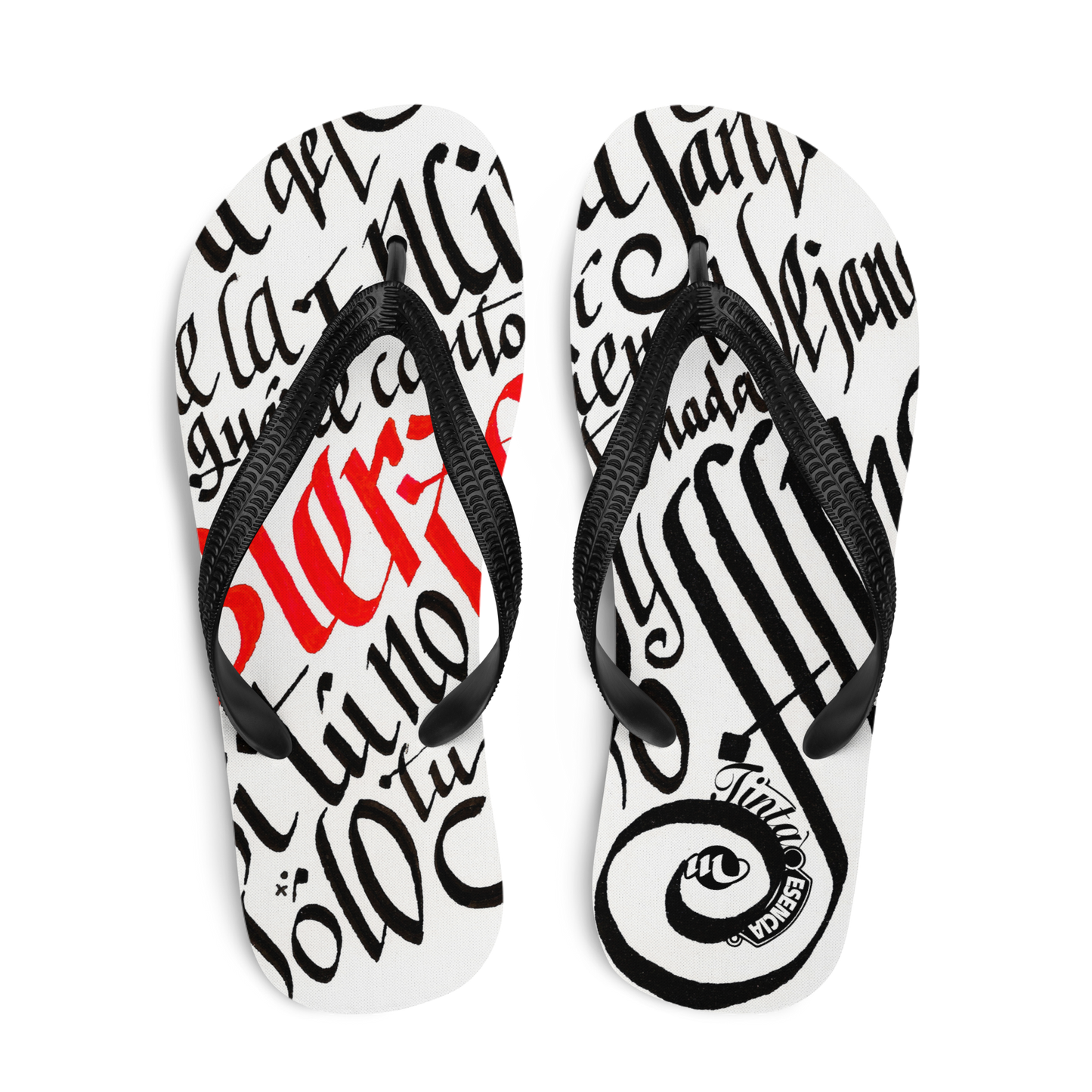 Letra de la canción de Miguel Guerrero : Bierzo tierra lejana. letras caligráficas, negras y palabra Bierzo en rojo, ilustradas en sandalias Flip flop blancas con tiras de color negro.