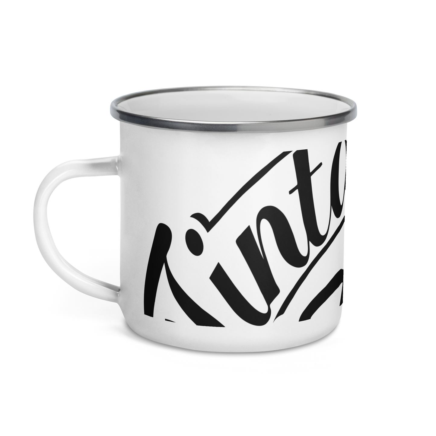 taza esmaltada de color blanco con el logo de la marca registrada tinta esencia impreso en negro