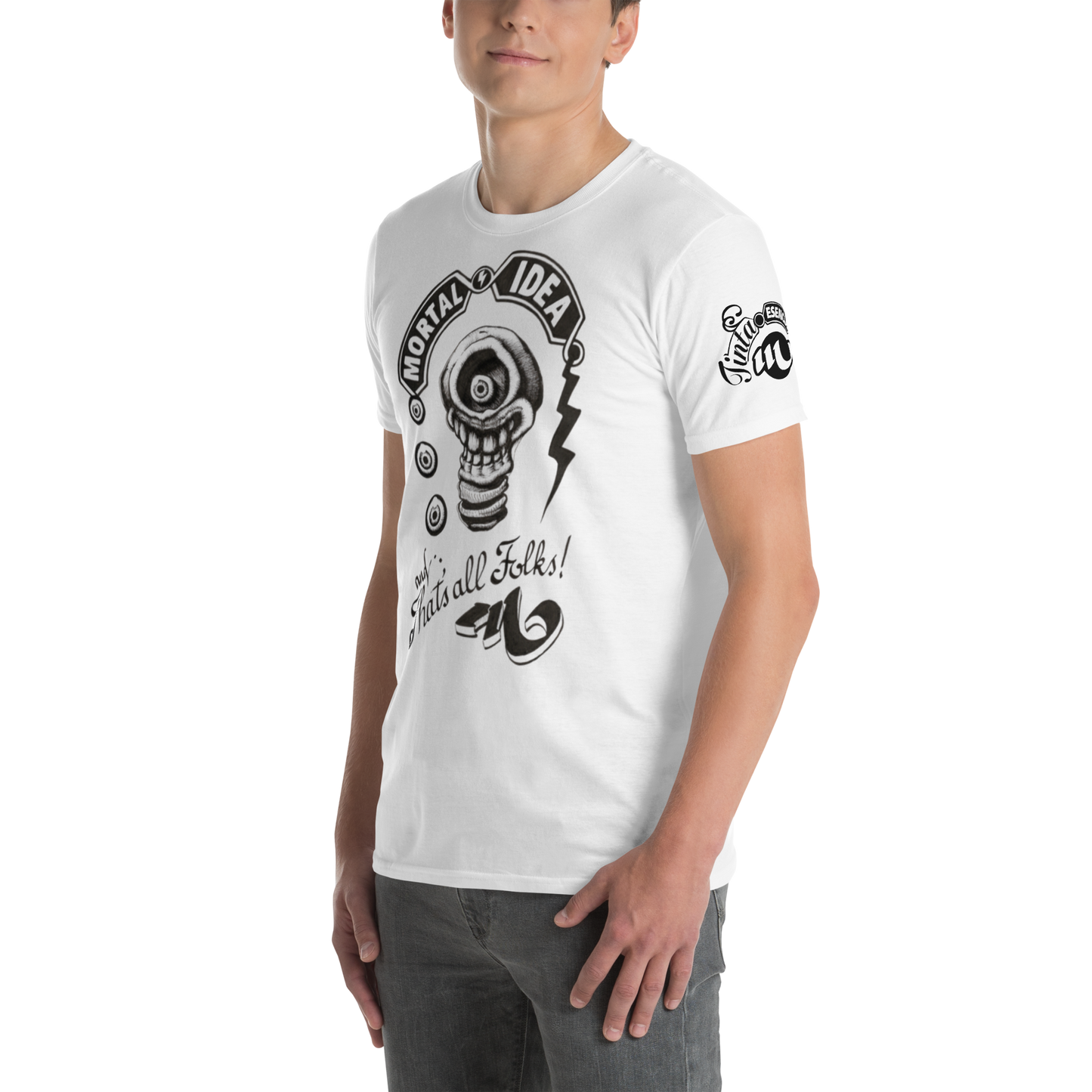 Ilustración de bombilla calavera con estética oscura en camiseta blanca. Texto that's all folks en caligrafía antigua.