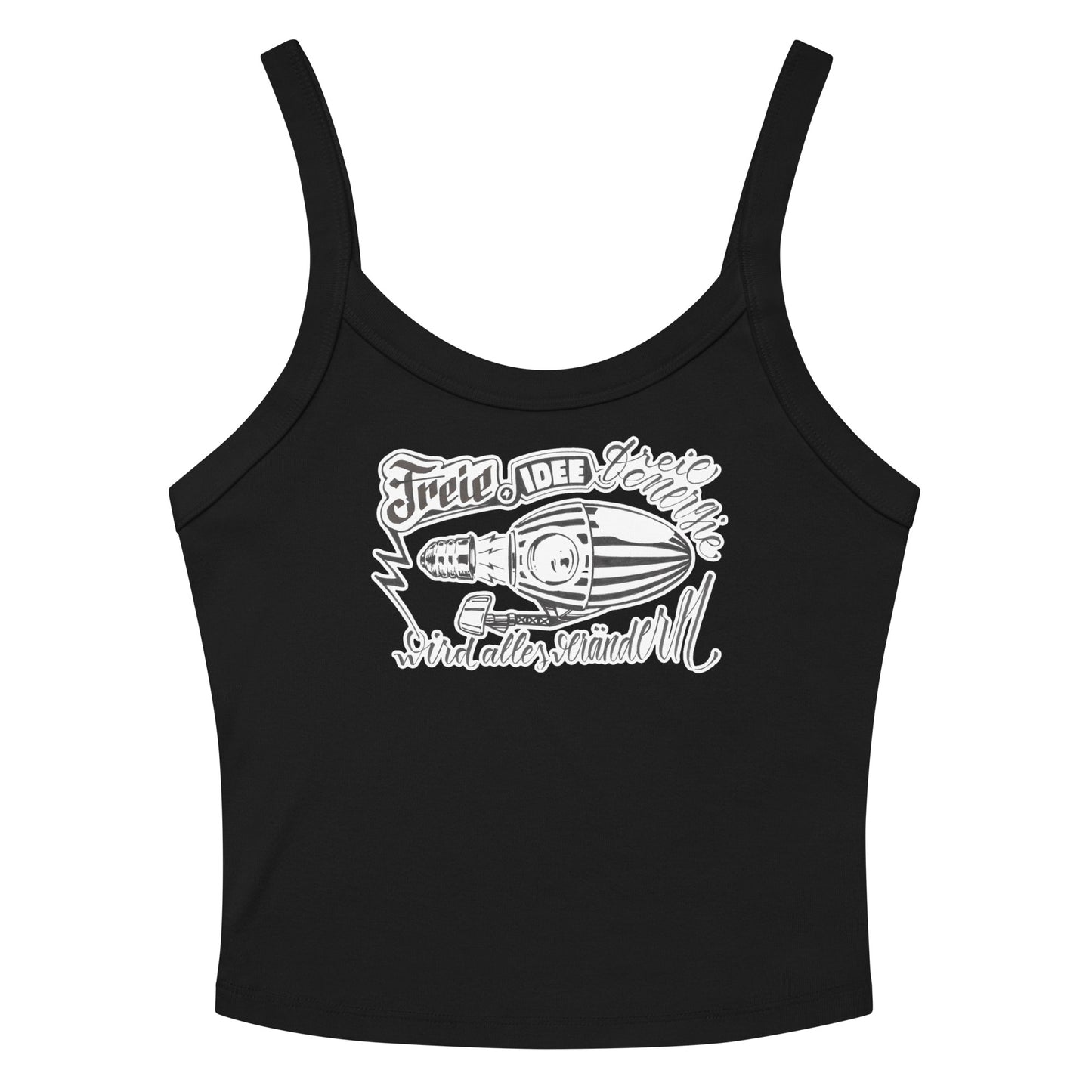 tank top de color negro de frente con una ilustración de un zepelín creado a tinta con la frase freie idee
