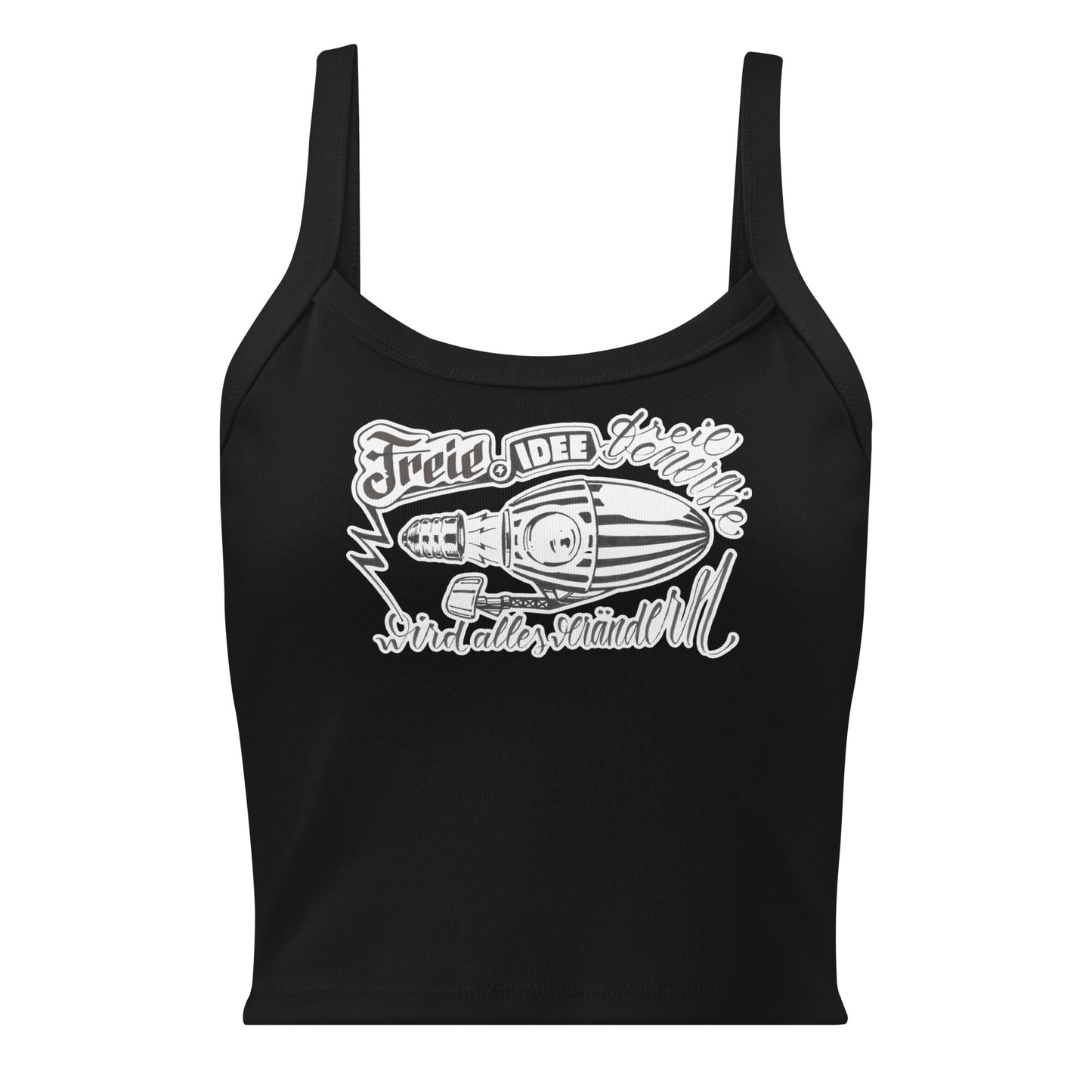 tank top de color negro de frente con una ilustración de un zepelín creado a tinta con la frase freie idee
