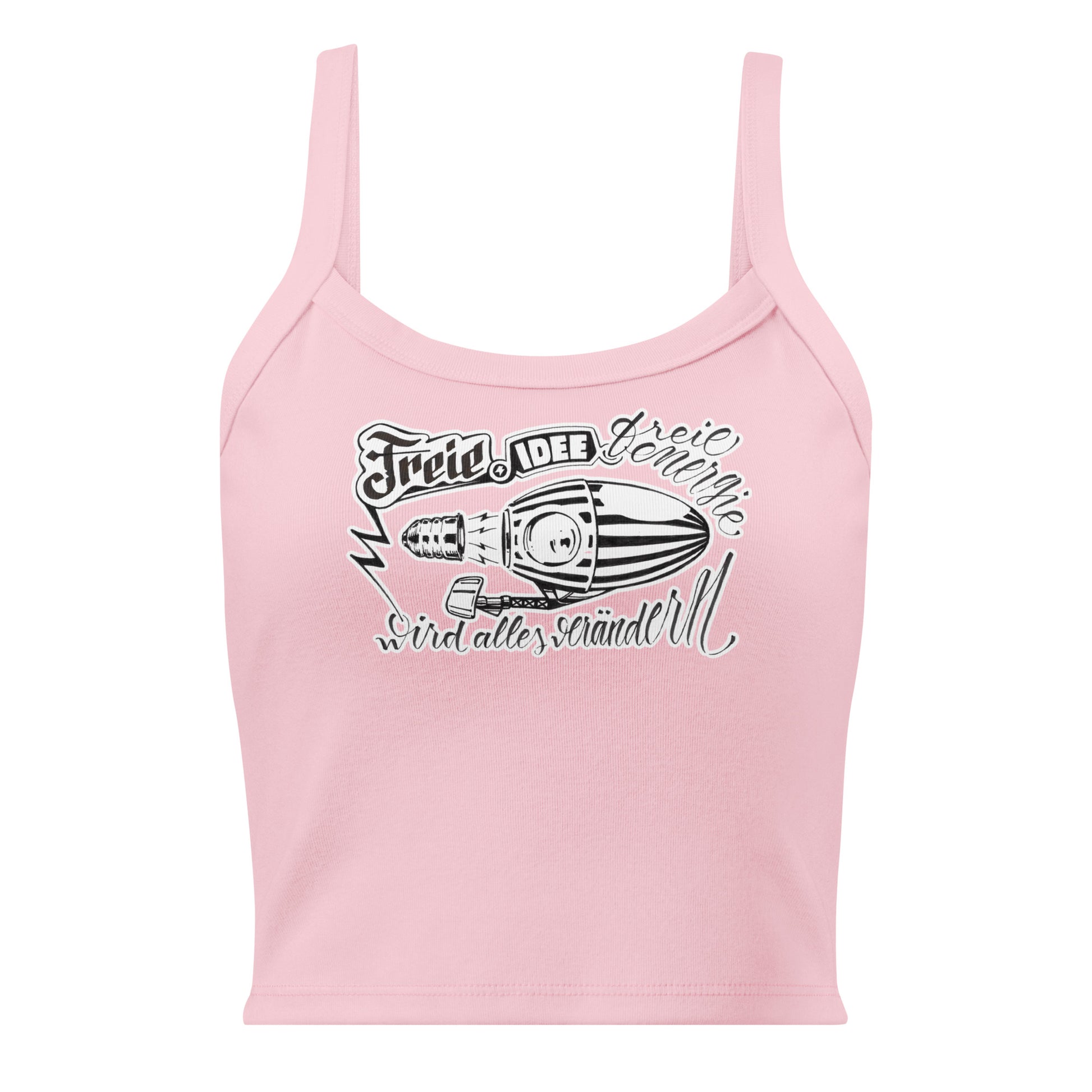 tank top de color rosa visto de frente con una ilustración de un zepelín creado a tinta con la frase freie idee