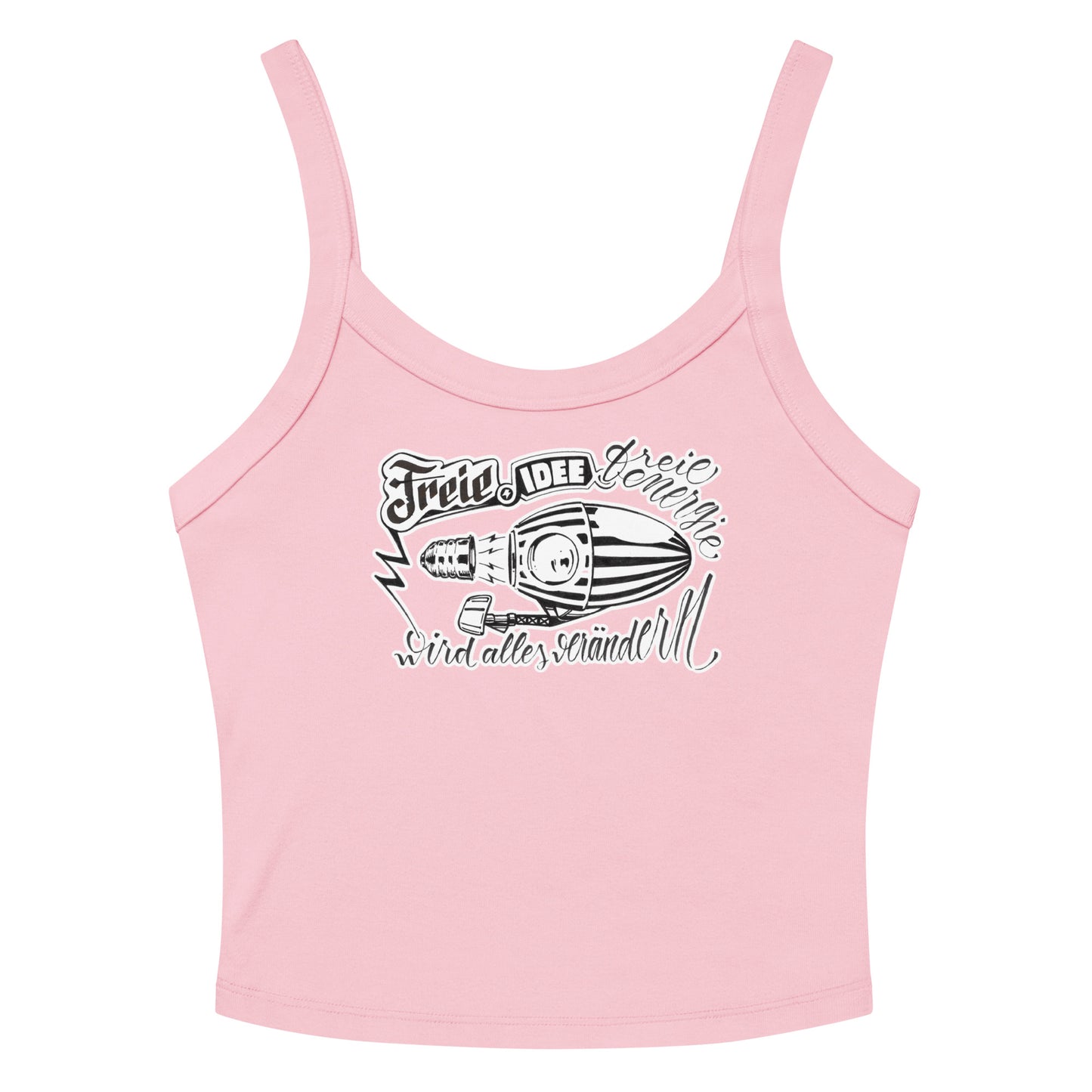 tank top de color rosa visto de frente con una ilustración de un zepelín creado a tinta con la frase freie idee