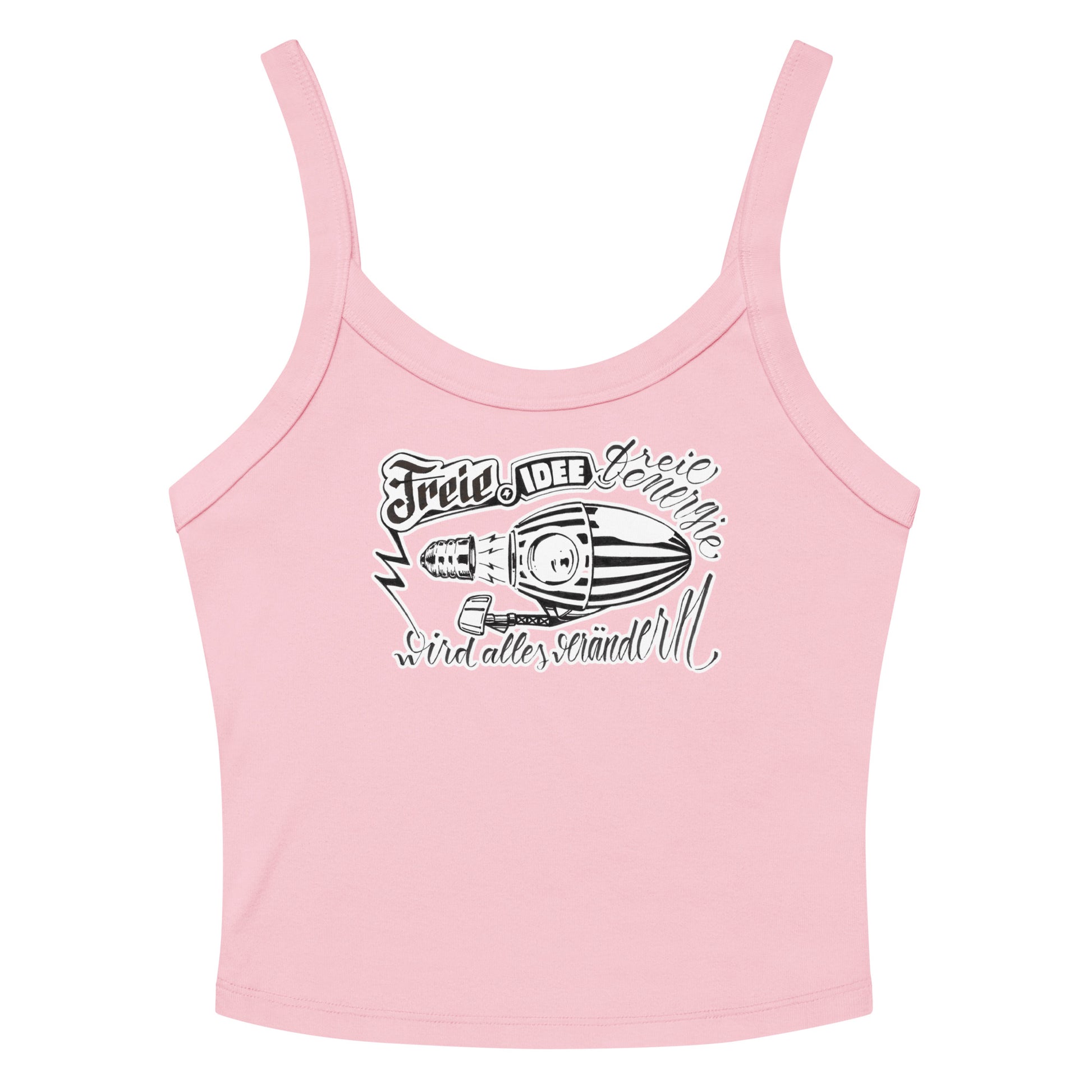 tank top de color rosa visto de frente con una ilustración de un zepelín creado a tinta con la frase freie idee