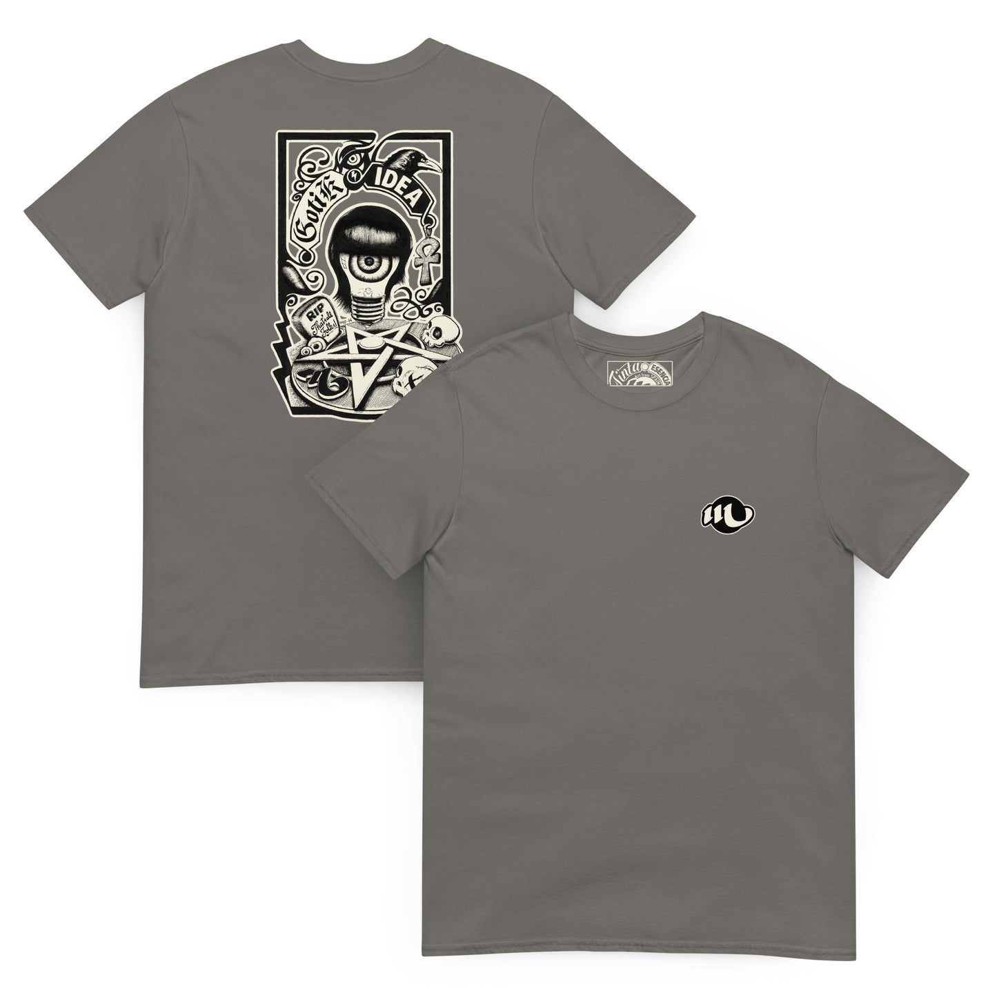 camiseta por delante y por detrás color gris oscuro con ilustración a la espalda de bombilla gótica con cuervo y símbolos oscuros y la frase gotik idea