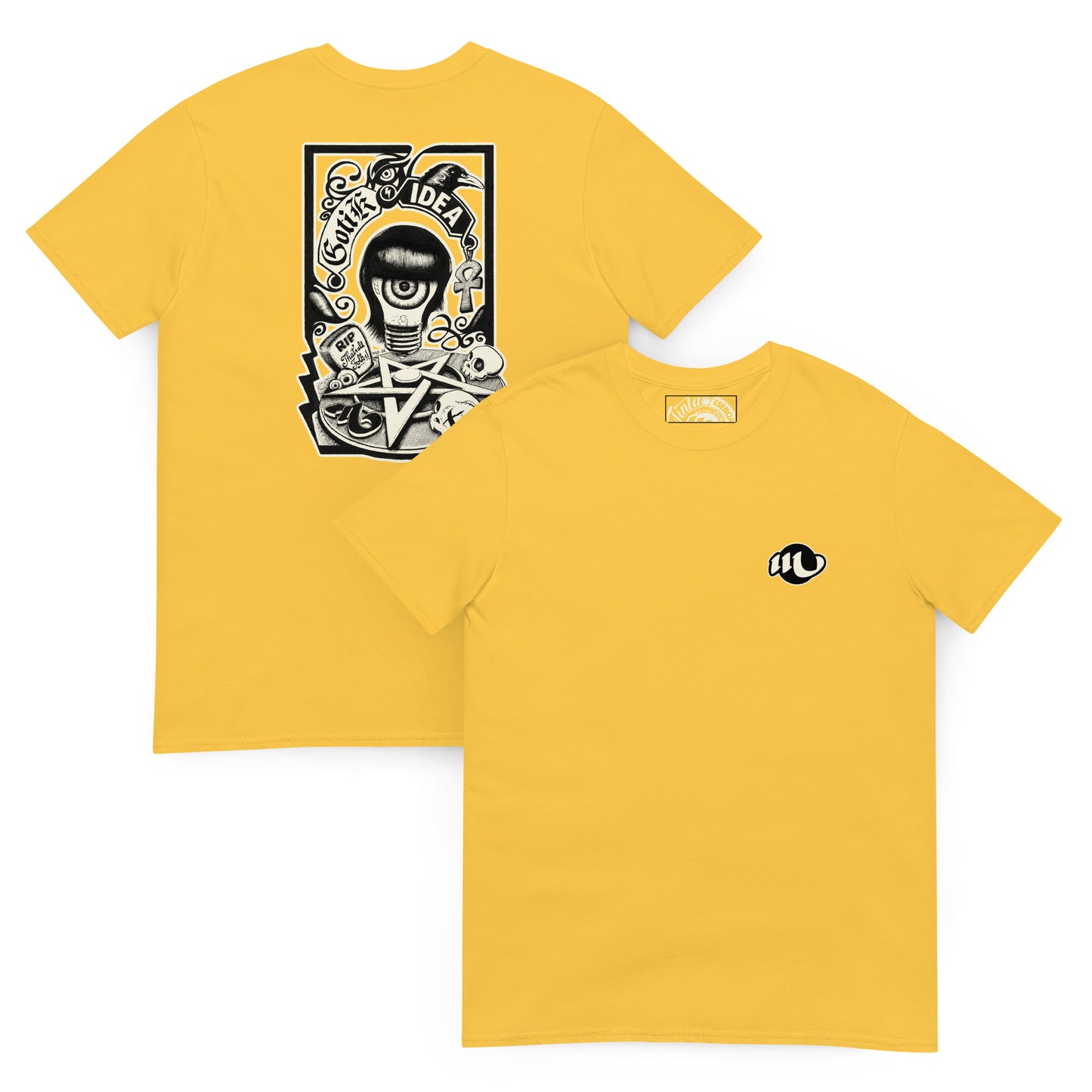 camiseta por delante y por detrás color amarillo margarita con ilustración a la espalda de bombilla gótica con cuervo y símbolos oscuros y la frase gotik idea