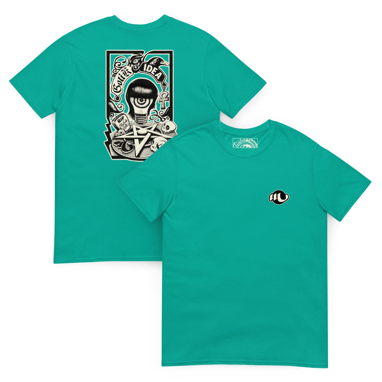 camiseta por delante y por detrás color verde jade con ilustración a la espalda de bombilla gótica con cuervo y símbolos oscuros y la frase gotik idea