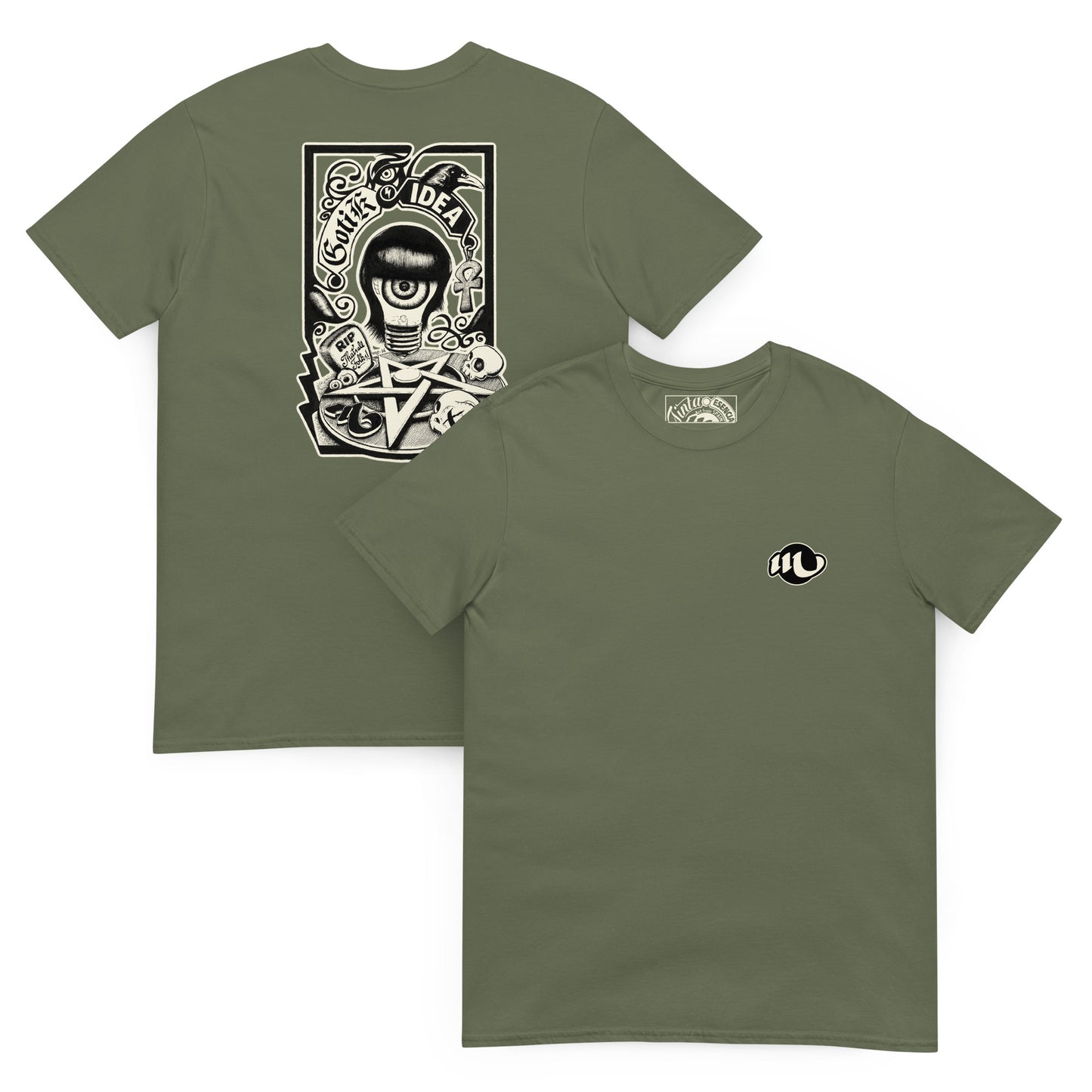 camiseta por delante y por detrás color verde militar con ilustración a la espalda de bombilla gótica con cuervo y símbolos oscuros y la frase gotik idea