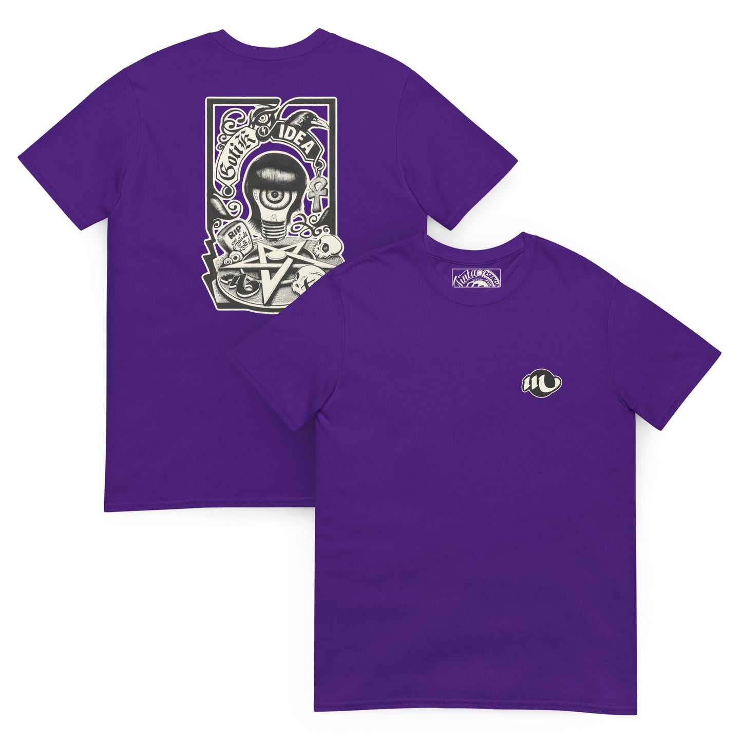 camiseta por delante y por detrás color púrpura con ilustración a la espalda de bombilla gótica con cuervo y símbolos oscuros y la frase gotik idea