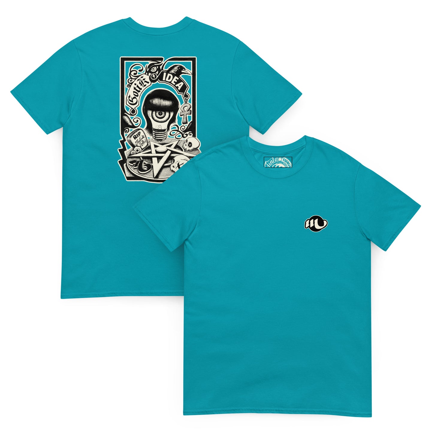 camiseta por delante y por detrás color azul tropical con ilustración a la espalda de bombilla gótica con cuervo y símbolos oscuros y la frase gotik idea