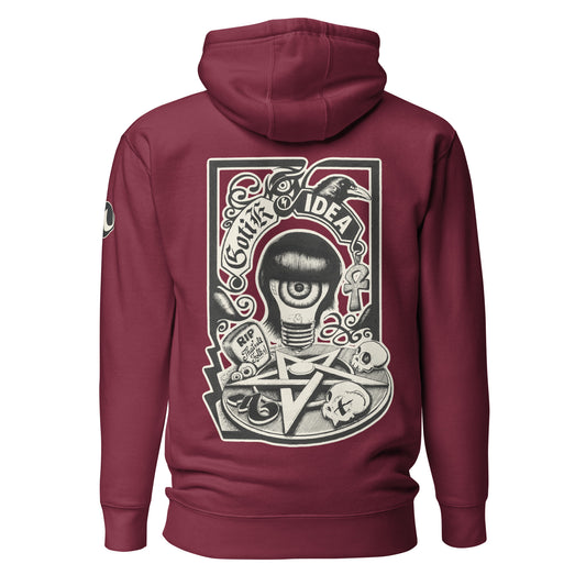 sudadera con capucha color granate con ilustración a la espalda de bombilla gótica con cuervo y símbolos oscuros y la frase gotik idea