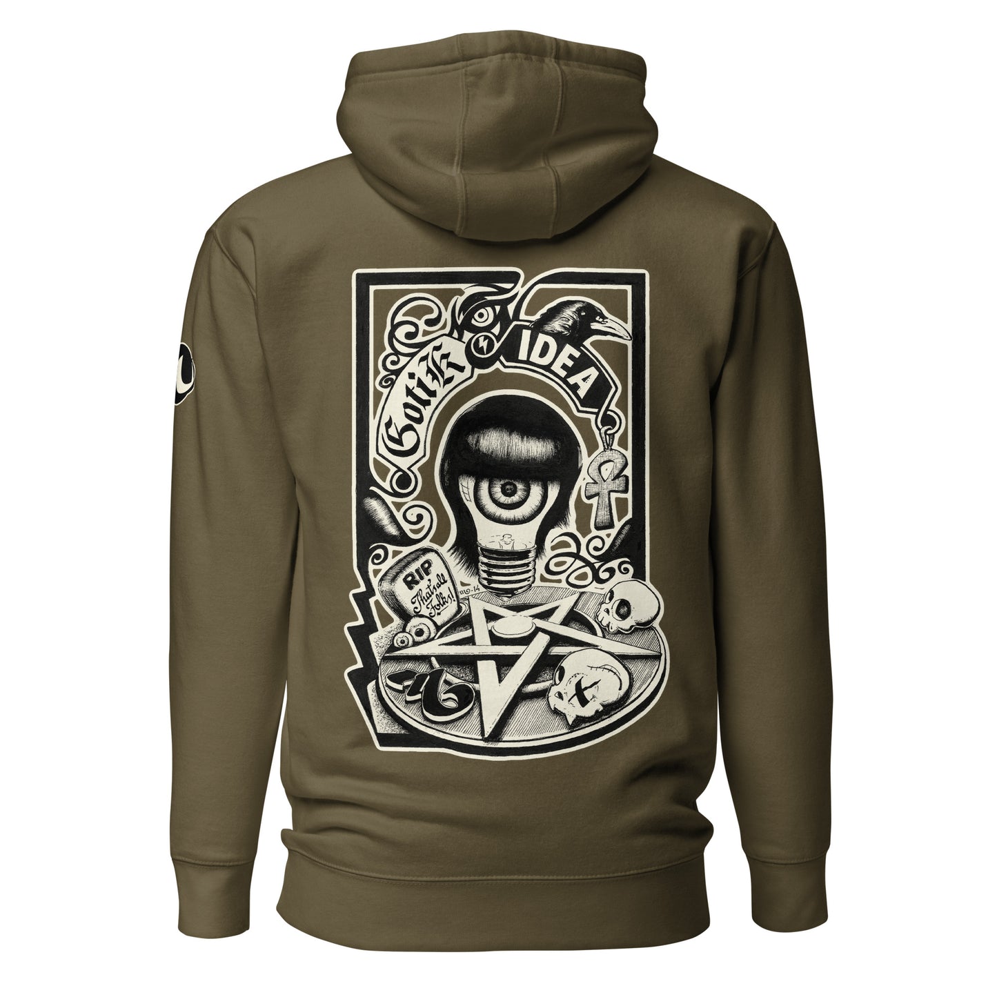 sudadera con capucha color verde militar con ilustración a la espalda de bombilla gótica con cuervo y símbolos oscuros y la frase gotik idea