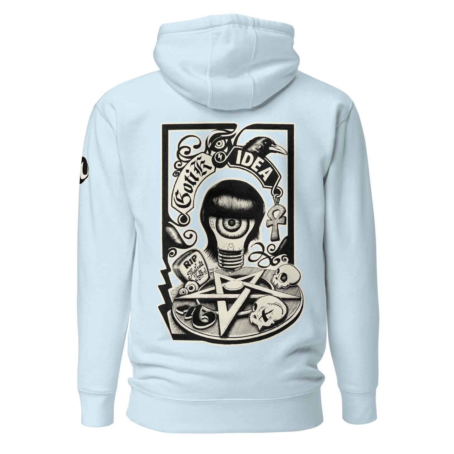 sudadera con capucha color azul celeste con ilustración a la espalda de bombilla gótica con cuervo y símbolos oscuros y la frase gotik idea