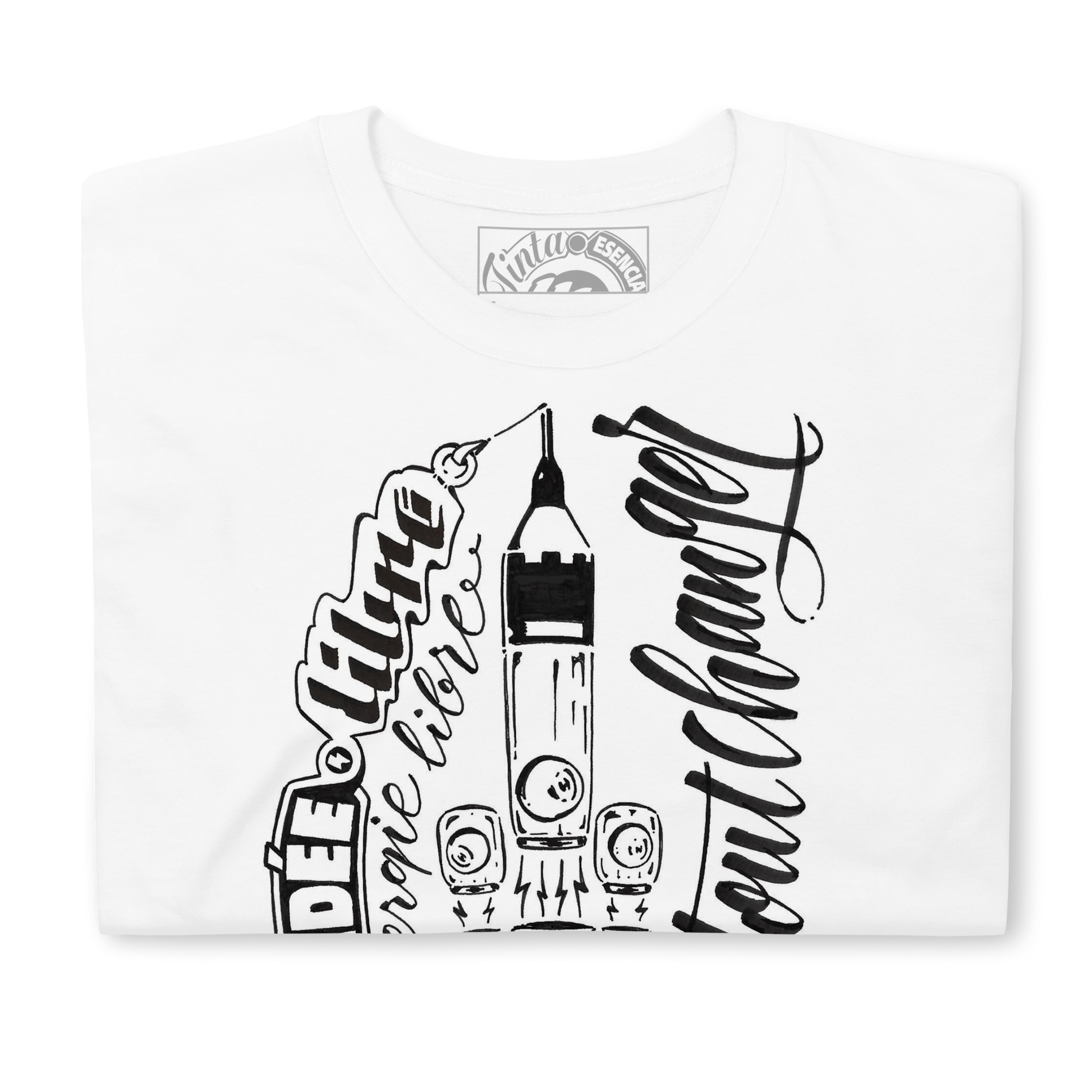 Bombillas cohete espacial con trazo caligráfico en el que se menciona la idea de energía libre para cambiarlo todo. la bombilla representa esta idea y esta impresa sobre una camiseta blanca de algodón.