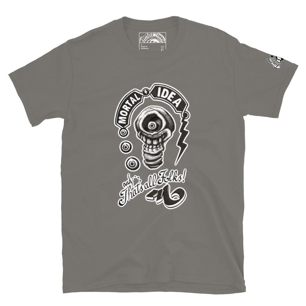 Ilustración de bombilla calavera con estética oscura en camiseta charcoal. Texto that's all folks en caligrafía antigua.