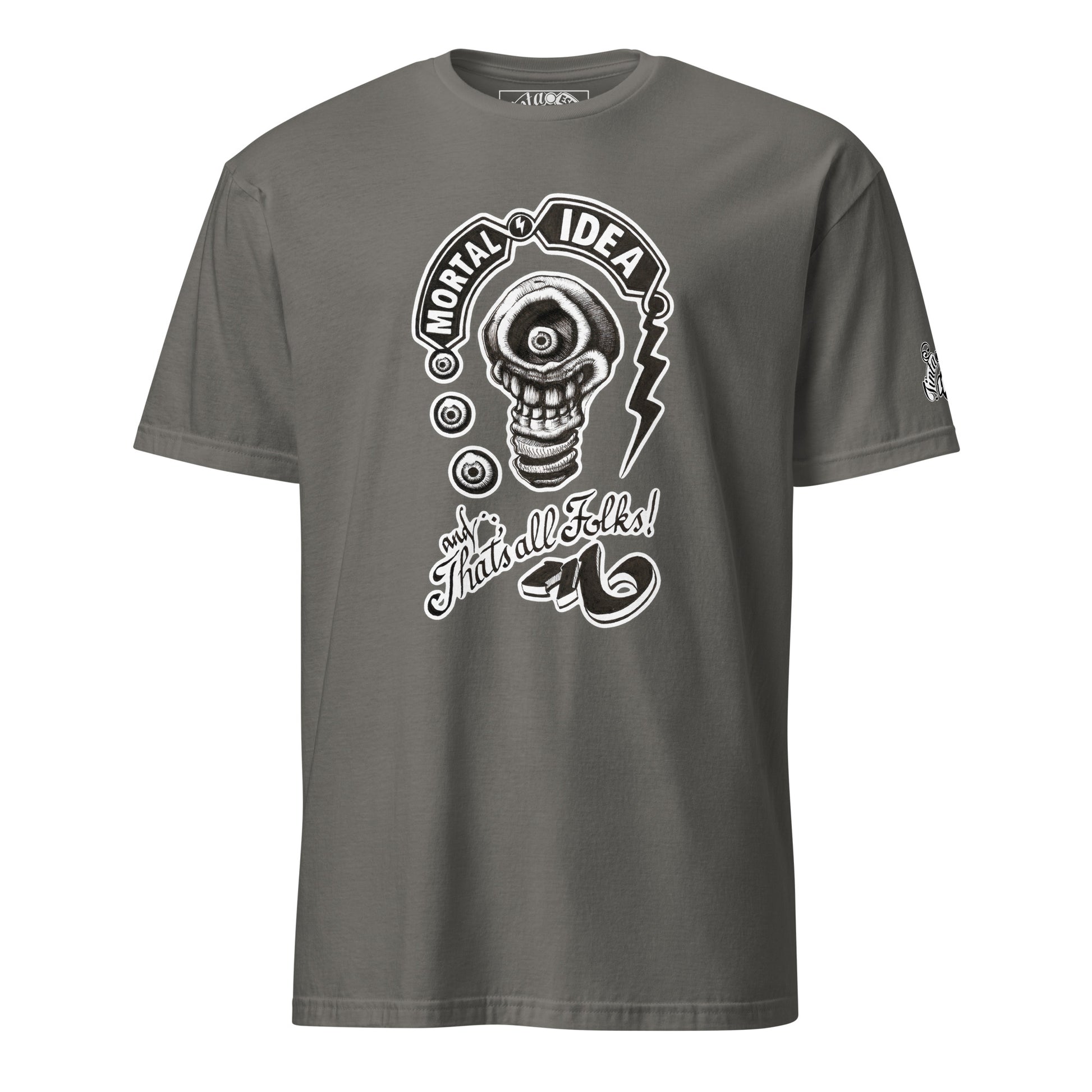 Ilustración de bombilla calavera con estética oscura en camiseta charcoal. Texto that's all folks en caligrafía antigua.