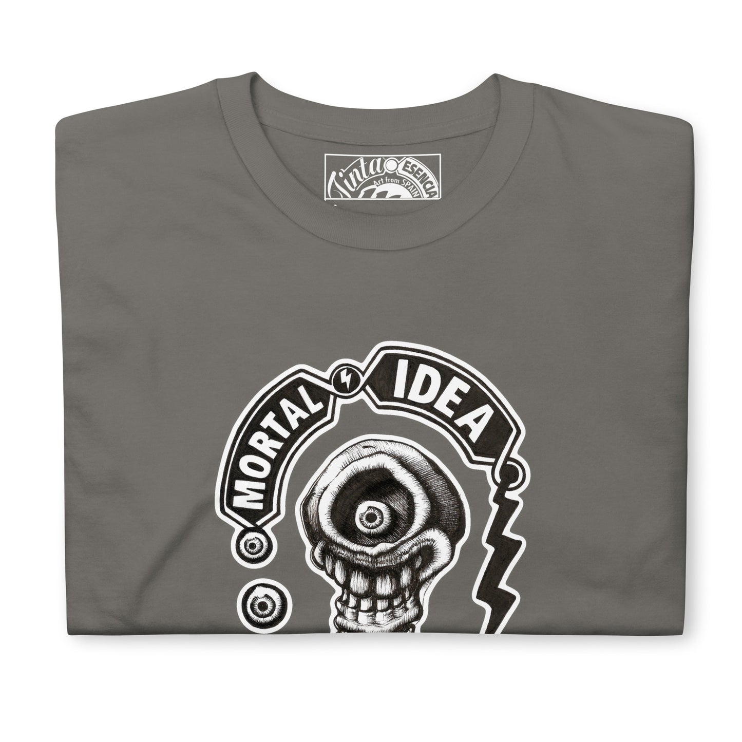 Ilustración de bombilla calavera con estética oscura en camiseta charcoal. Texto that's all folks en caligrafía antigua.