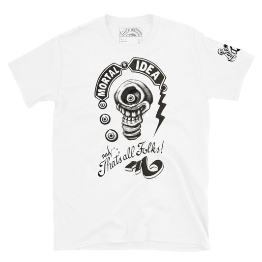 Ilustración de bombilla calavera con estética oscura en camiseta blanca. Texto that's all folks en caligrafía antigua.