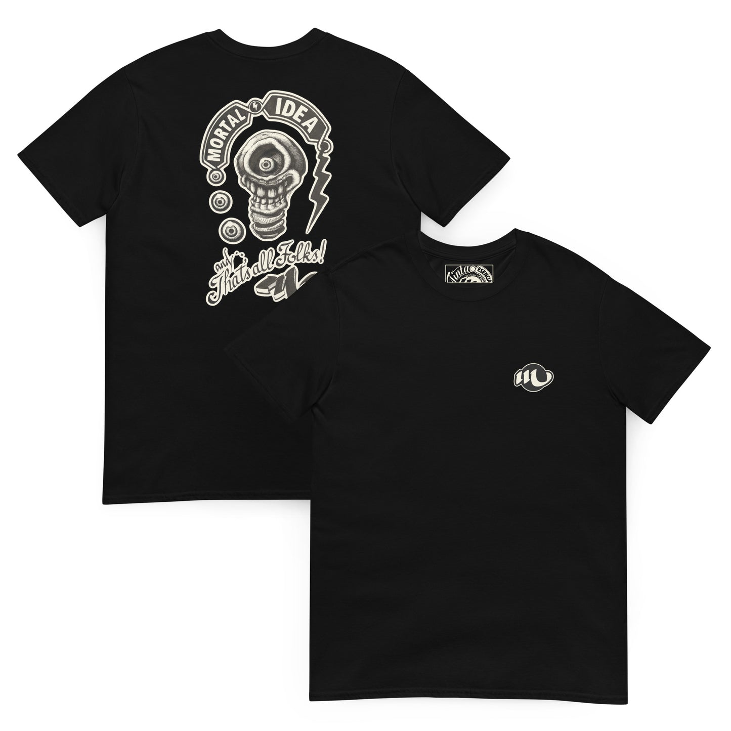 camiseta por delante y por detrás color negro con ilustración a la espalda de una calavera con forma de bombilla denominada mortal idea en la espalda y la frase that's all folks