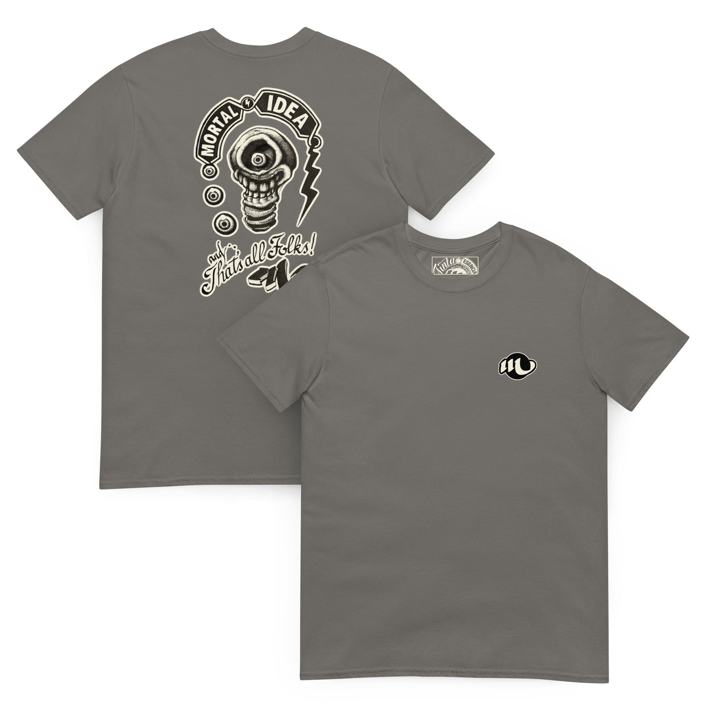 camiseta por delante y por detrás color gris oscuro con ilustración a la espalda de una calavera con forma de bombilla denominada mortal idea en la espalda y la frase that's all folks