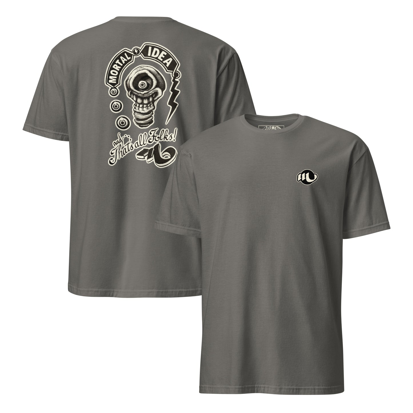 camiseta por delante y por detrás color gris oscuro con ilustración a la espalda de una calavera con forma de bombilla denominada mortal idea en la espalda y la frase that's all folks