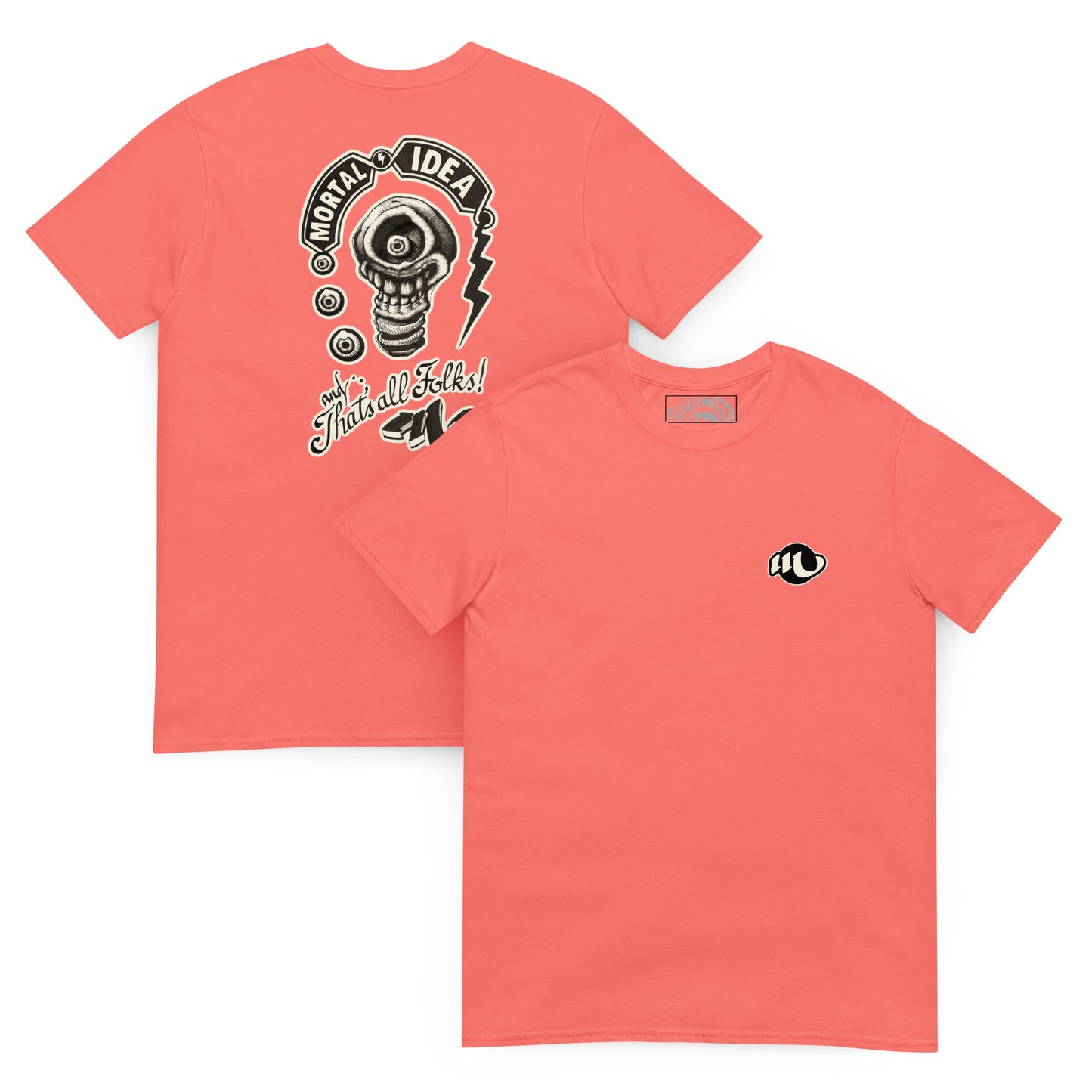 camiseta por delante y por detrás color coral con ilustración a la espalda de una calavera con forma de bombilla denominada mortal idea en la espalda y la frase that's all folks