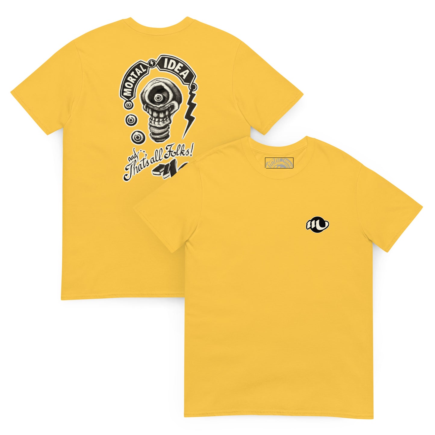 camiseta por delante y por detrás color margarita con ilustración a la espalda de una calavera con forma de bombilla denominada mortal idea en la espalda y la frase that's all folks