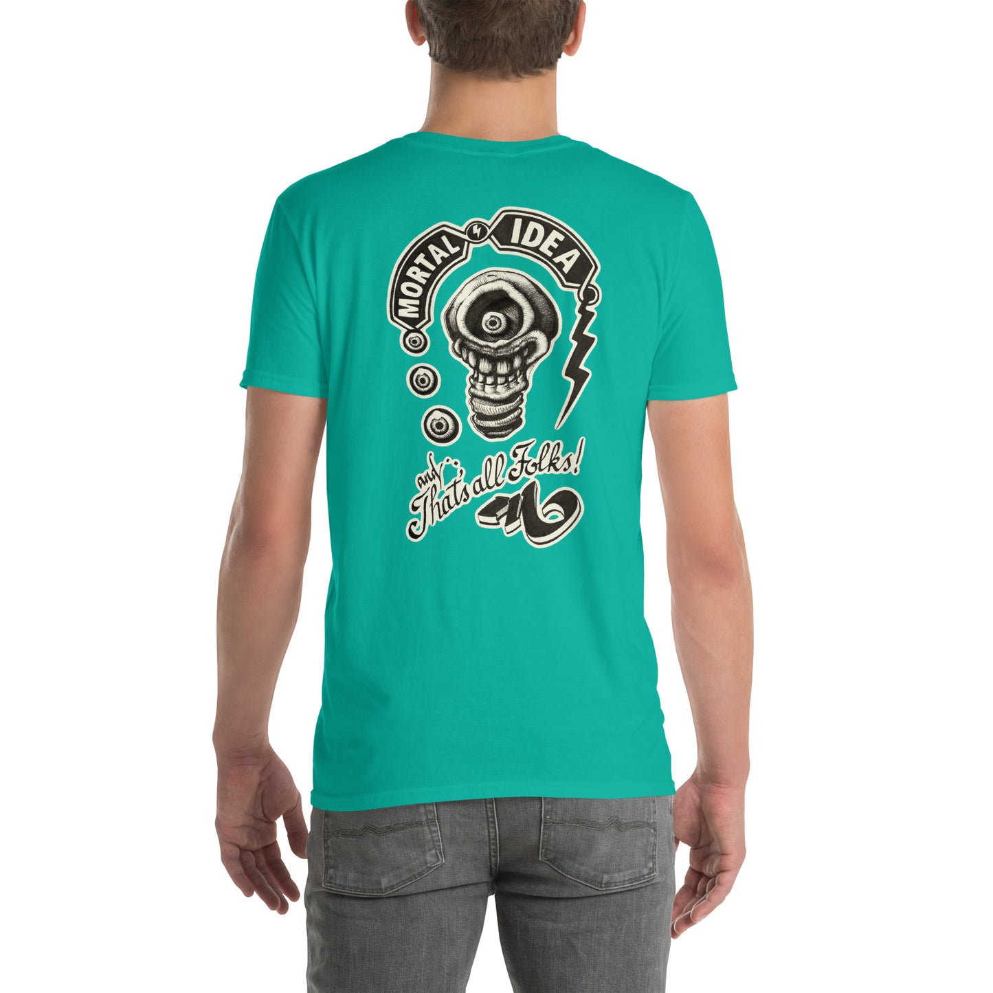 chico con camiseta color jace con ilustración a la espalda de una calavera con forma de bombilla denominada mortal idea en la espalda y la frase that's all folks