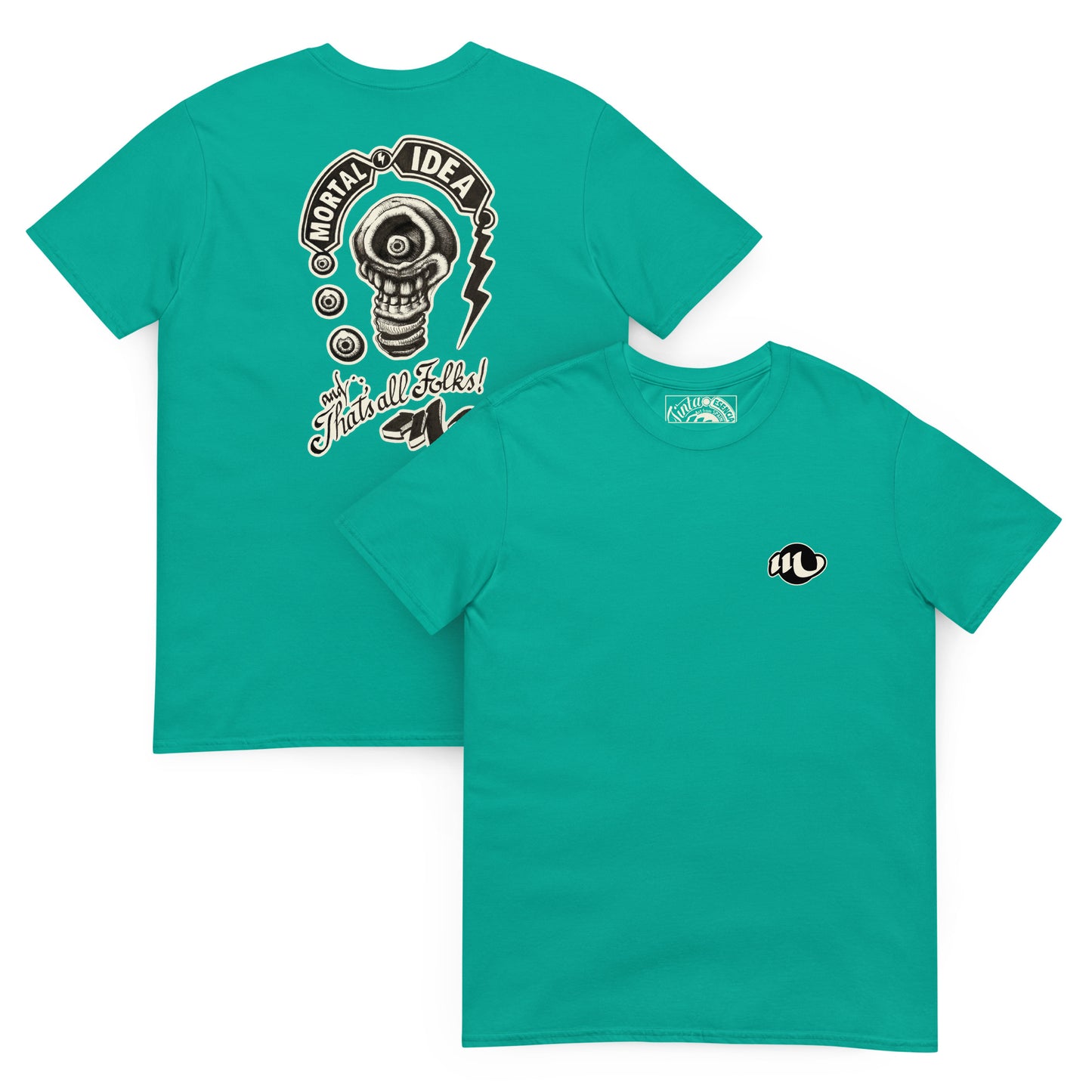camiseta vista por los dos lados color jade con ilustración de una calavera con forma de bombilla denominada mortal idea en la espalda y la frase that's all folks