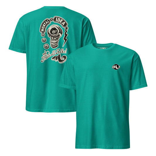 camiseta vista por los dos lados color jade con ilustración de una calavera con forma de bombilla denominada mortal idea en la espalda y la frase that's all folks