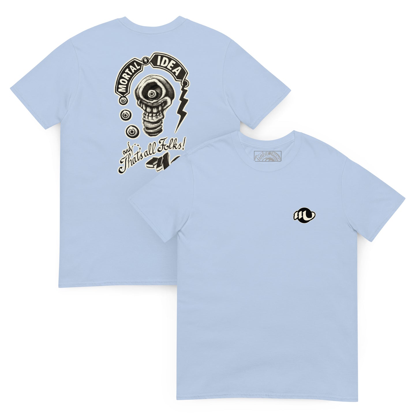 camiseta por delante y por detrás color azul claro con ilustración a la espalda de una calavera con forma de bombilla denominada mortal idea en la espalda y la frase that's all folks